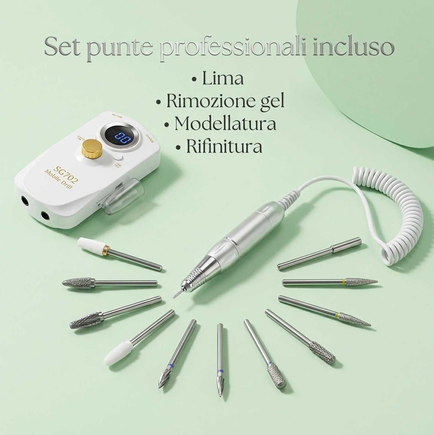 Fresa Unghie Professionale 35000 Giri Portatile SG702 Trapano Unghie Elettrico Manicure Pedicure Lima Unghie Gel Acrilico Ricostruzione Nail Drill Display Digitale