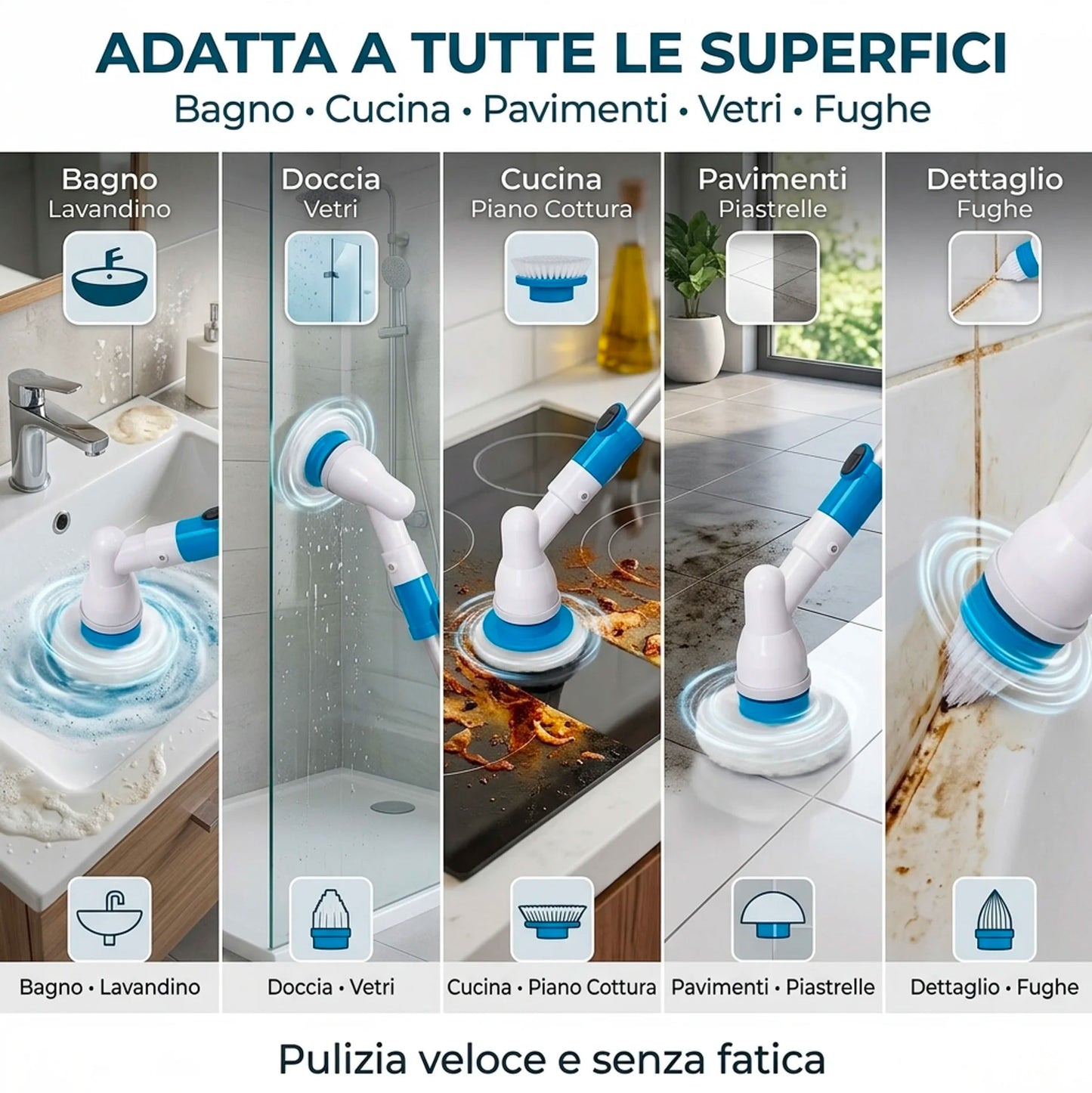 Spazzola Rotante Elettrica per Pulizia Casa | Spazzola Elettrica Multifunzione con Accessori e Manico Allungabile per Bagno, Pavimenti, Fughe e Cucina
