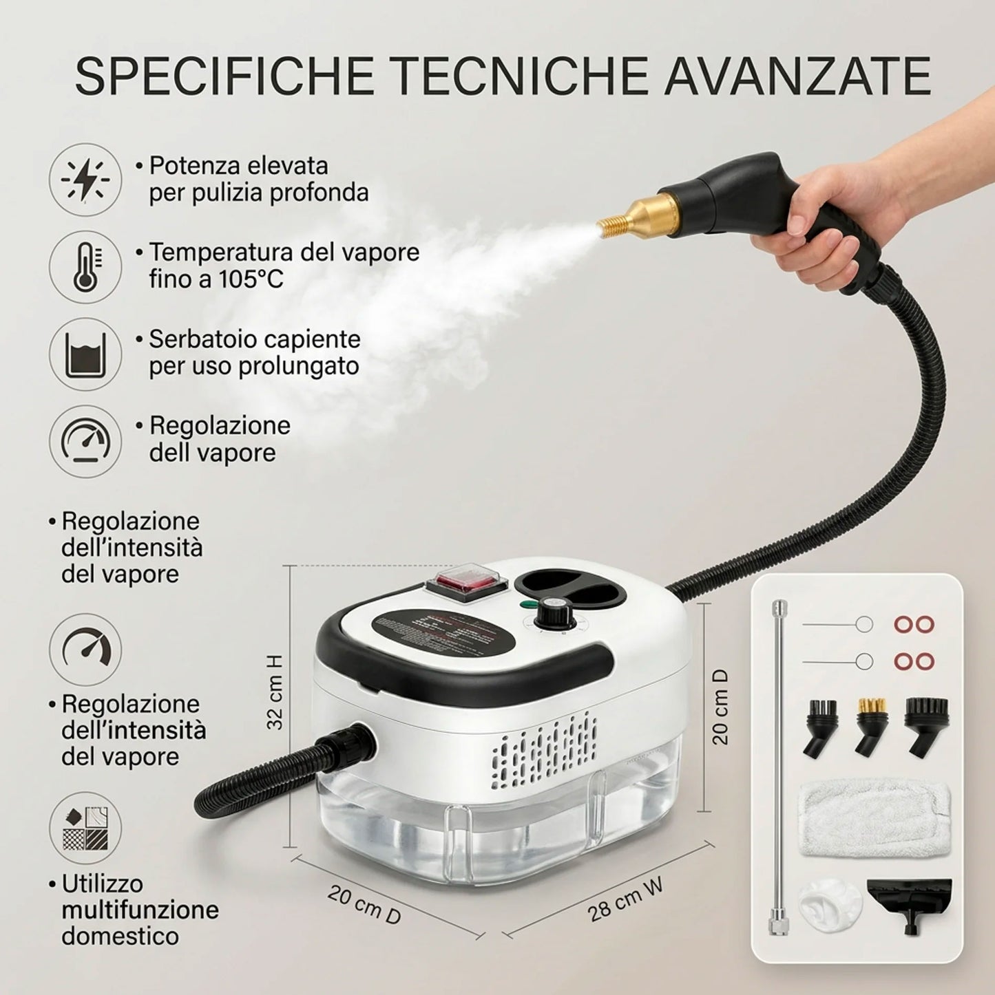 Pulitore a Vapore 2500W Alta Pressione con 6 Livelli Regolabili – Serbatoio XL 1200ml e Kit Accessori Multifunzione per Pulizia Casa, Cucina, Bagno, Divani e Auto