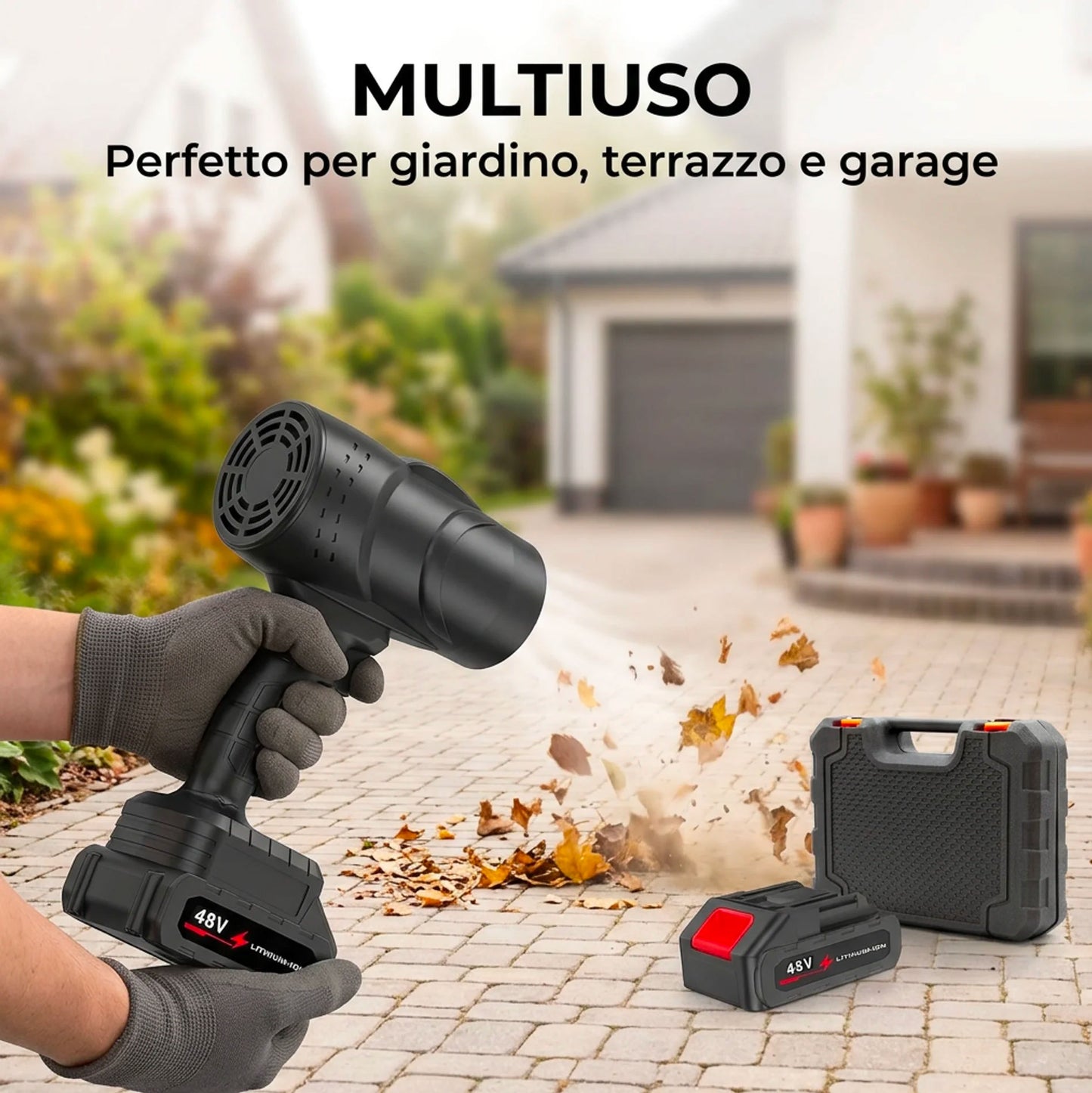 Soffiatore a Batteria 48V con 2 Batterie 3000mAh, Velocità Aria 290 km/h, Senza Fili