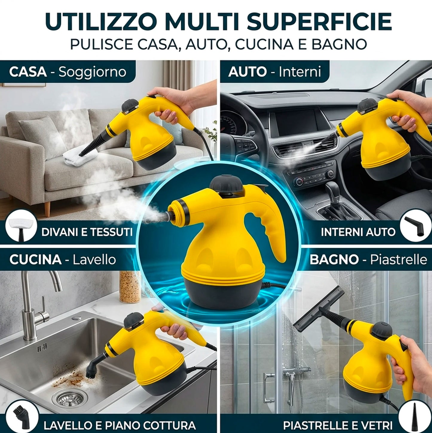 Pulitore a Vapore Portatile 1000W Alta Pressione con Accessori – Pulitore a Vapore Multifunzione per Casa, Cucina, Bagno, Divani, Vetri e Auto