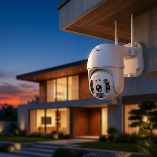 Telecamera wifi esterno 360° con visione notturna a colori, Videocamera ptz da esterno con rilevamento del movimento, audio bidirezionale ed app icsee