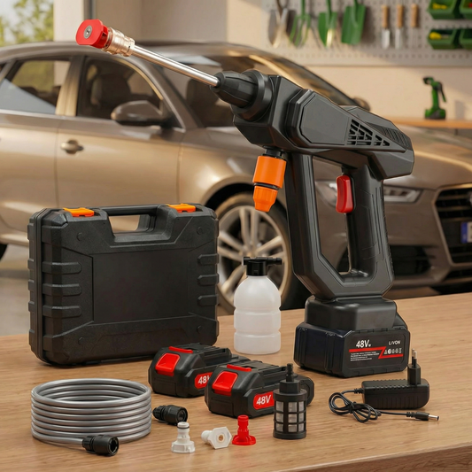 Idropulitrice portatile a batteria wireless da 48 V e 30 bar, 2 batterie da 8000 mAh, 6 getti regolabili, tubo da 3 m con custodia per auto, giardino e pavimento, 2 anni di garanzia