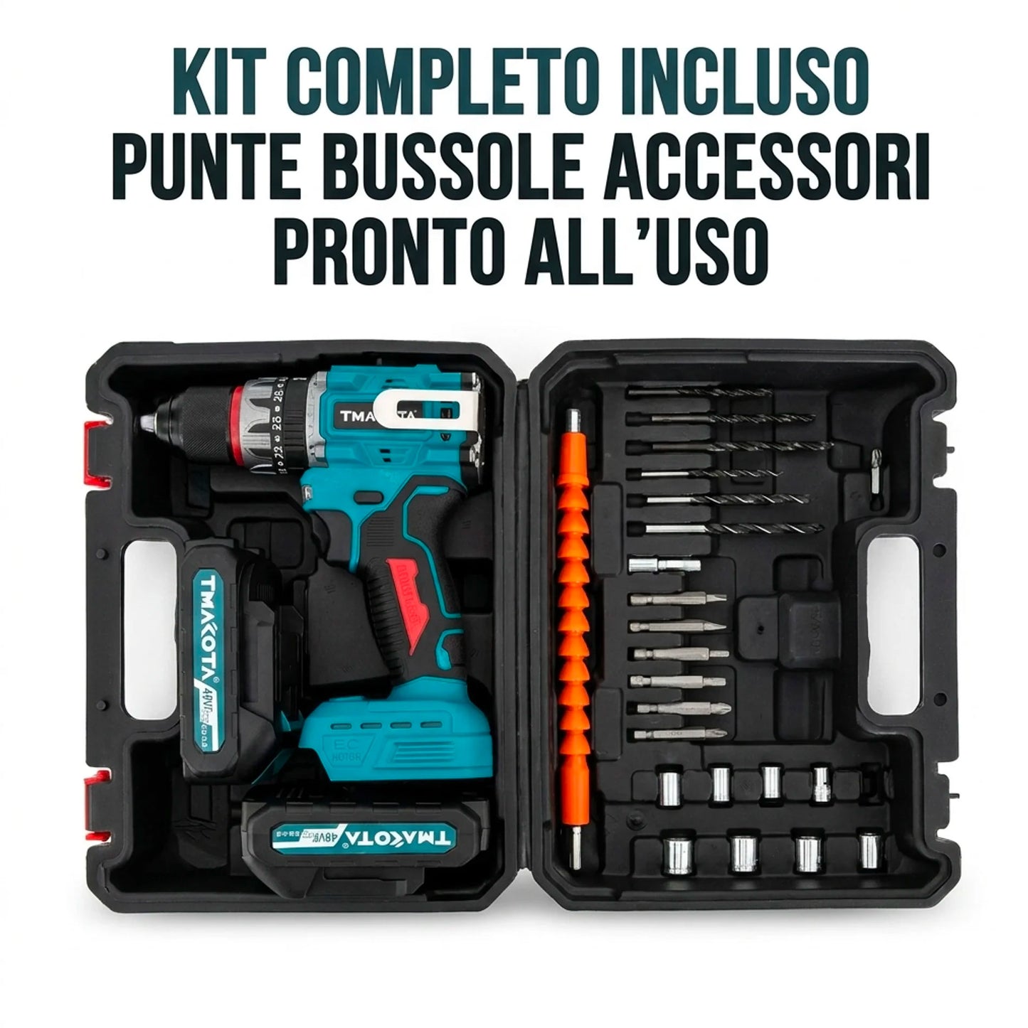 Trapano Avvitatore Cordless 48V Professionale con Kit Accessori Completo, 2 Batterie, Motore Brushless, Regolazione Coppia, Trapano Avvitatore a Batteria per Casa e Fai da Te