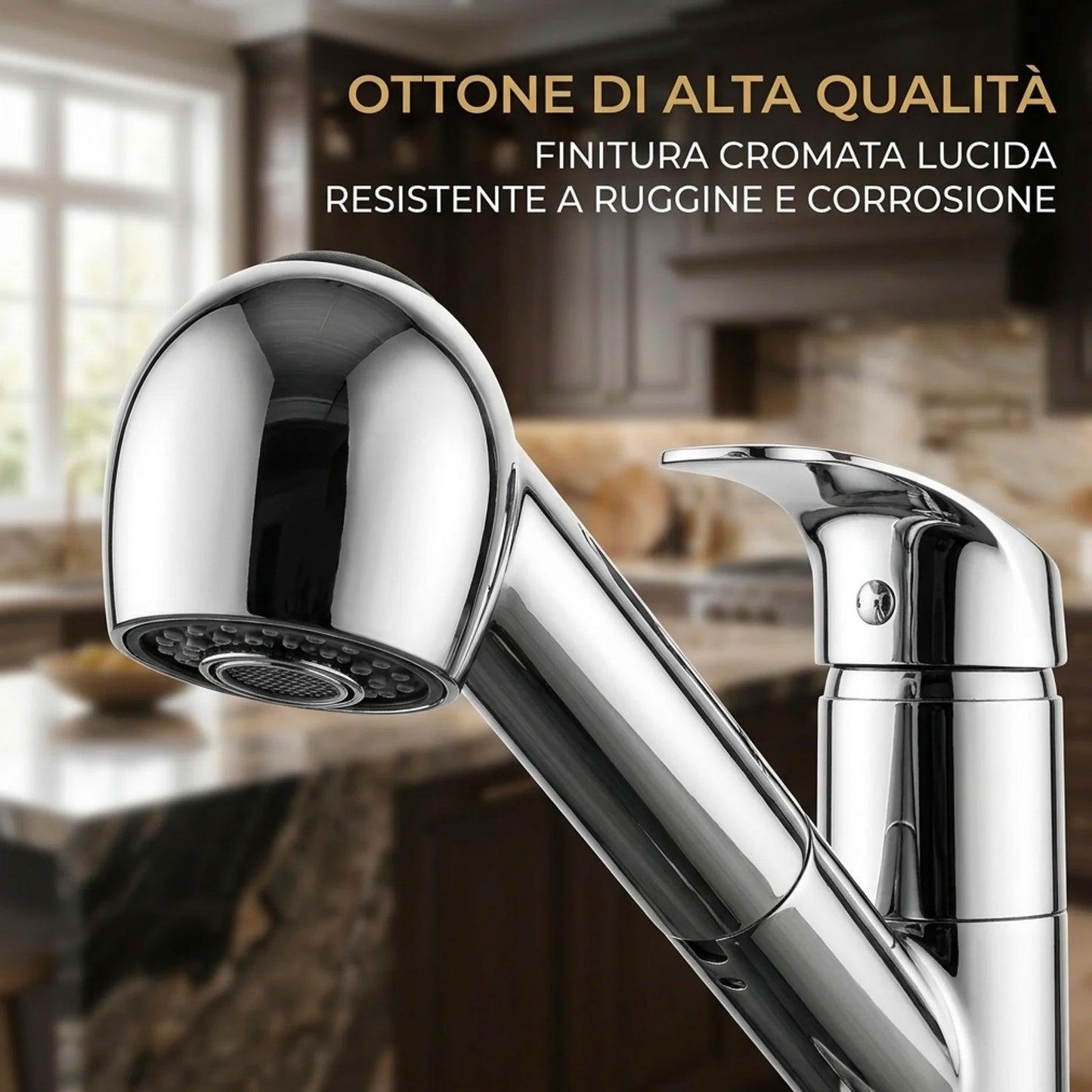 Rubinetto Cucina con Doccetta Estraibile 360° Cromato Miscelatore Monocomando Lavello con Doppio Getto e Acqua Calda Fredda