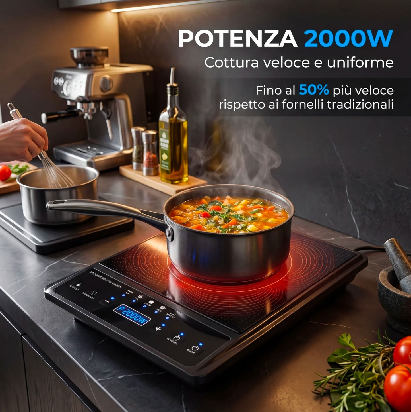Piastra a Induzione Portatile 2500W con Display Digitale, Controllo Temperatura 80–270°C, 5 Programmi di Cottura e Timer Integrato