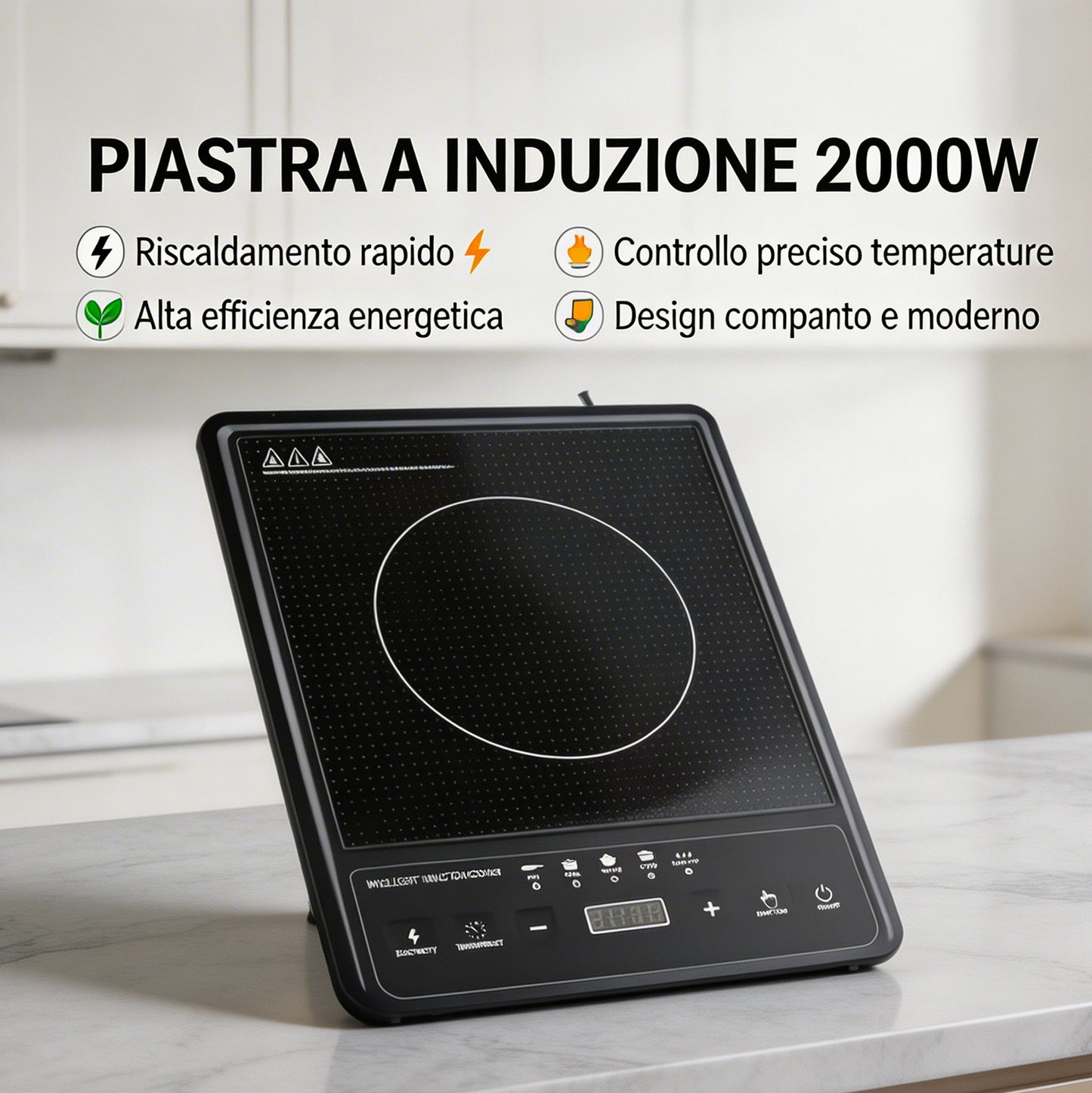 Piastra a Induzione Portatile 2500W con Display Digitale, Controllo Temperatura 80–270°C, 5 Programmi di Cottura e Timer Integrato
