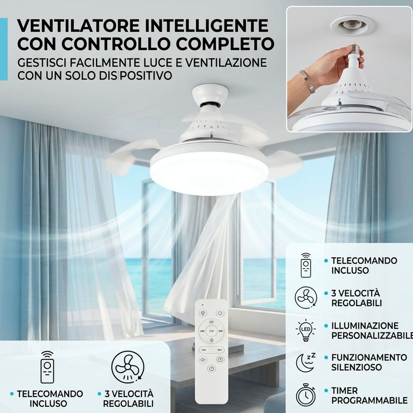 Ventilatore da soffitto con luce LED e telecomando | Silenzioso, 3 velocità, luce regolabile, attacco E27, facile installazione
