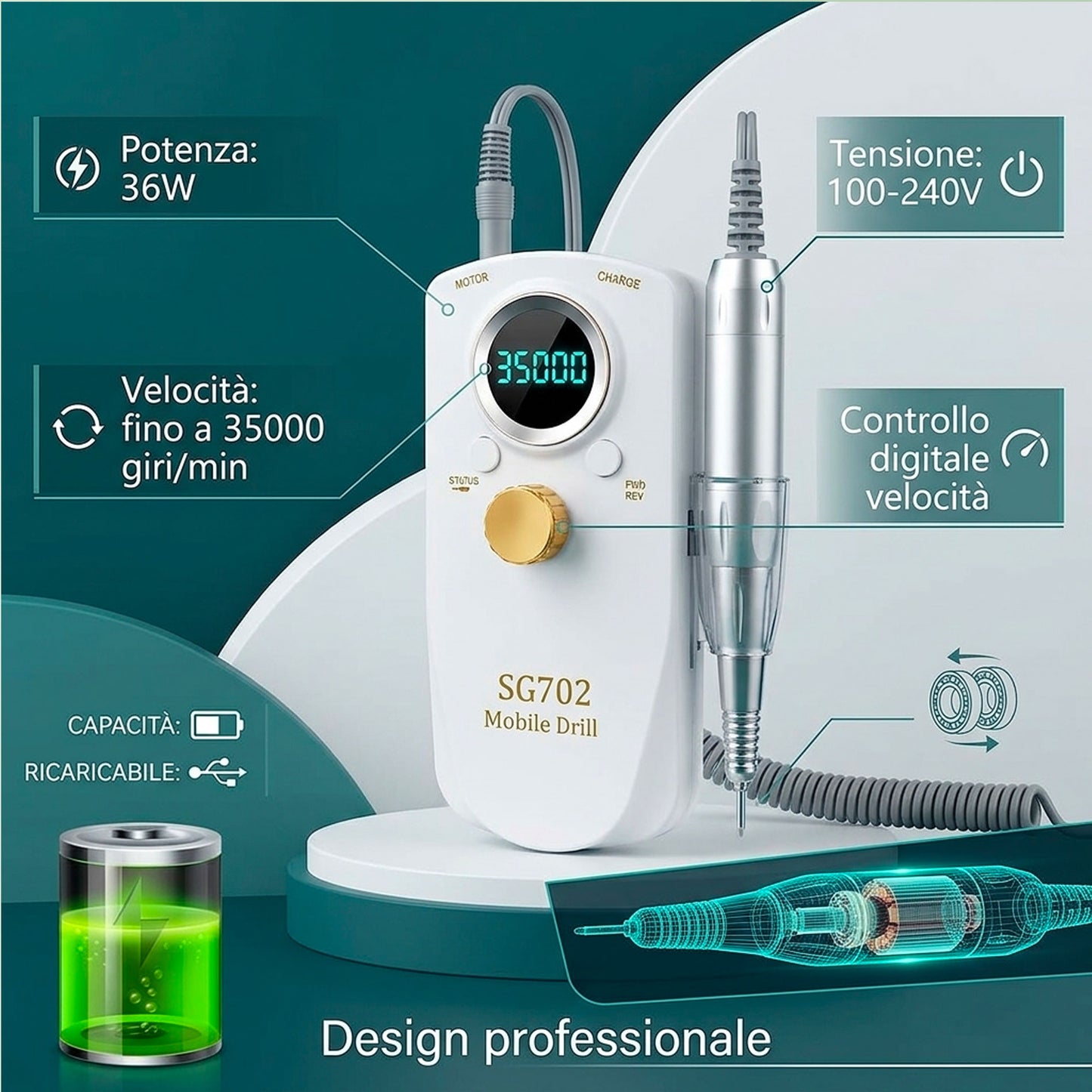 Fresa Unghie Professionale 35000 Giri Portatile SG702 Trapano Unghie Elettrico Manicure Pedicure Lima Unghie Gel Acrilico Ricostruzione Nail Drill Display Digitale