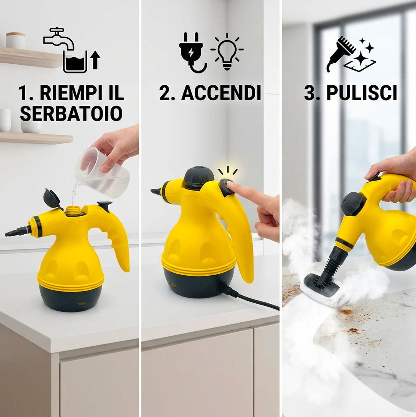 Pulitore a Vapore Portatile 1000W Alta Pressione con Accessori – Pulitore a Vapore Multifunzione per Casa, Cucina, Bagno, Divani, Vetri e Auto