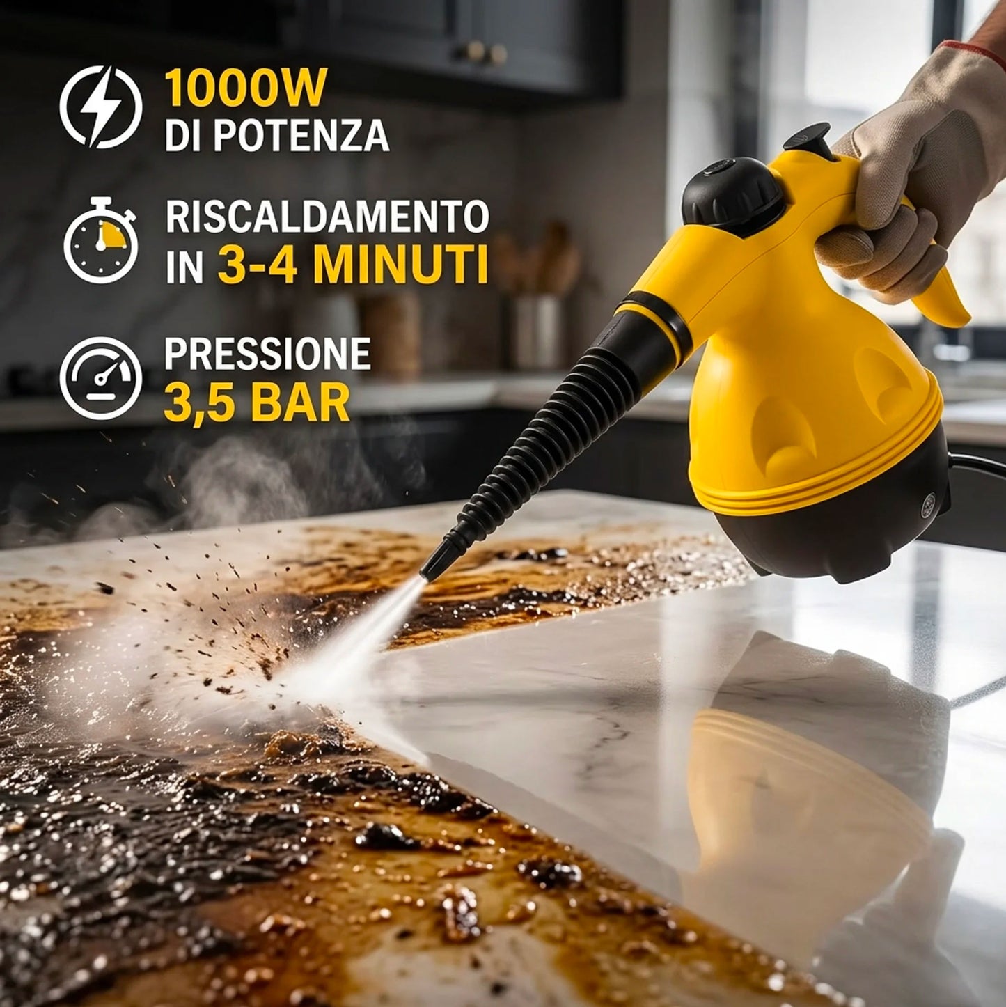 Pulitore a Vapore Portatile 1000W Alta Pressione con Accessori – Pulitore a Vapore Multifunzione per Casa, Cucina, Bagno, Divani, Vetri e Auto