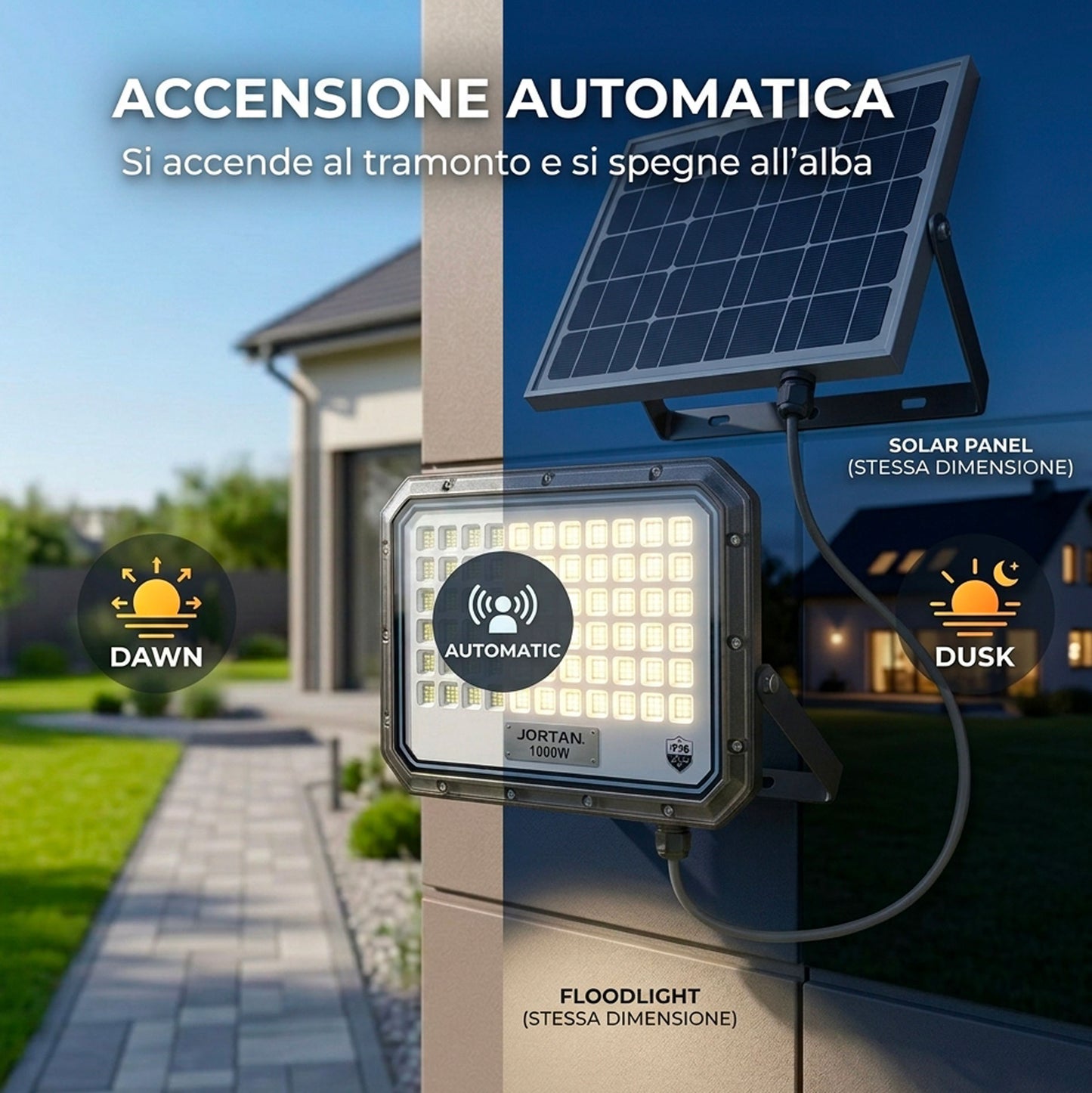 Faro Solare LED 1000W da Esterno con Pannello Fotovoltaico IP66 e Telecomando – Faretto Crepuscolare Automatico Alta Potenza per Giardino, Cortile, Parcheggio e Ingressi