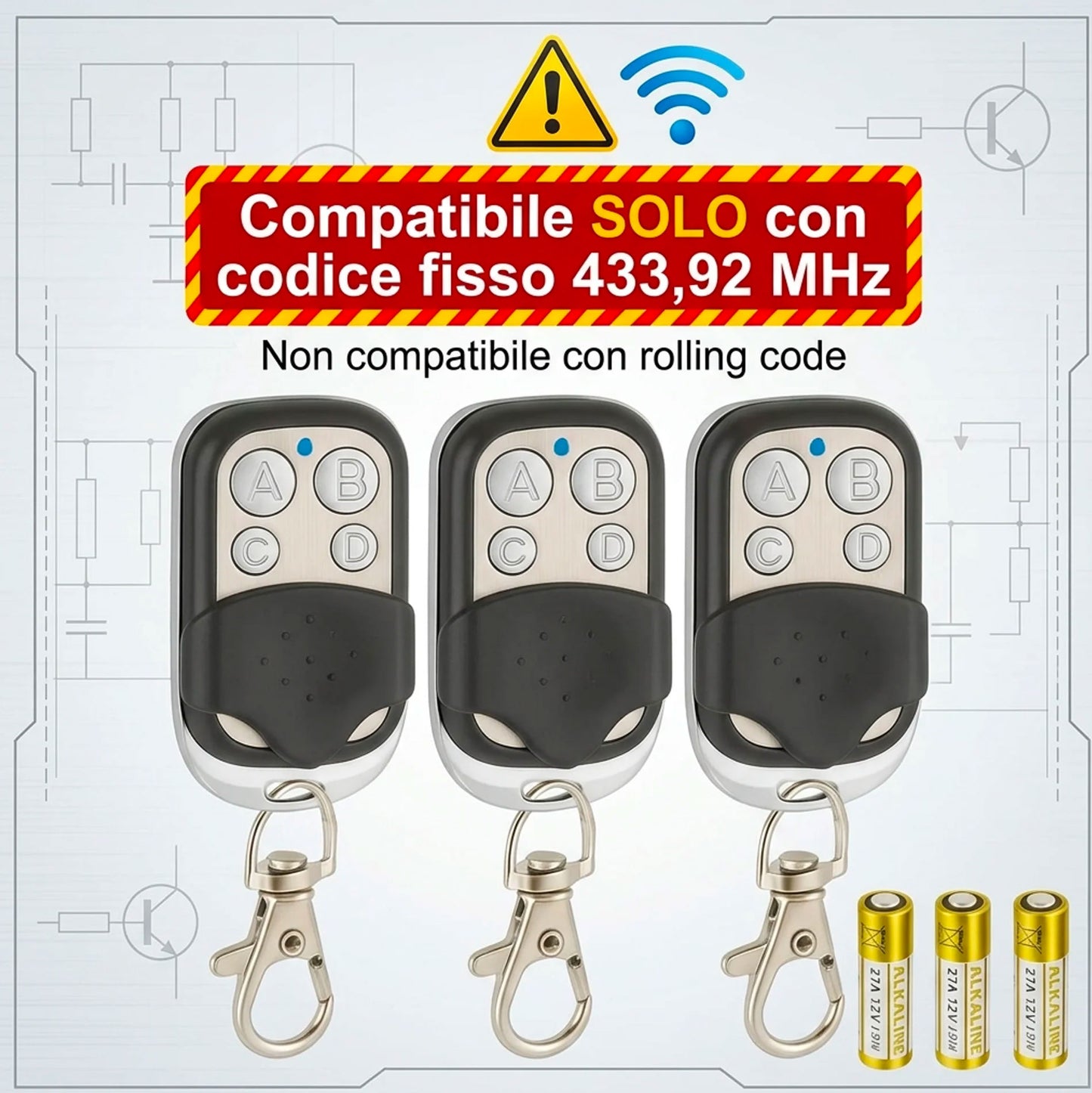 Telecomando Cancello Universale 433,92 MHz Codice Fisso Set 3 Copiatore Automatico Garage Porta Elettrica Apricancello con Copritasti e Moschettone