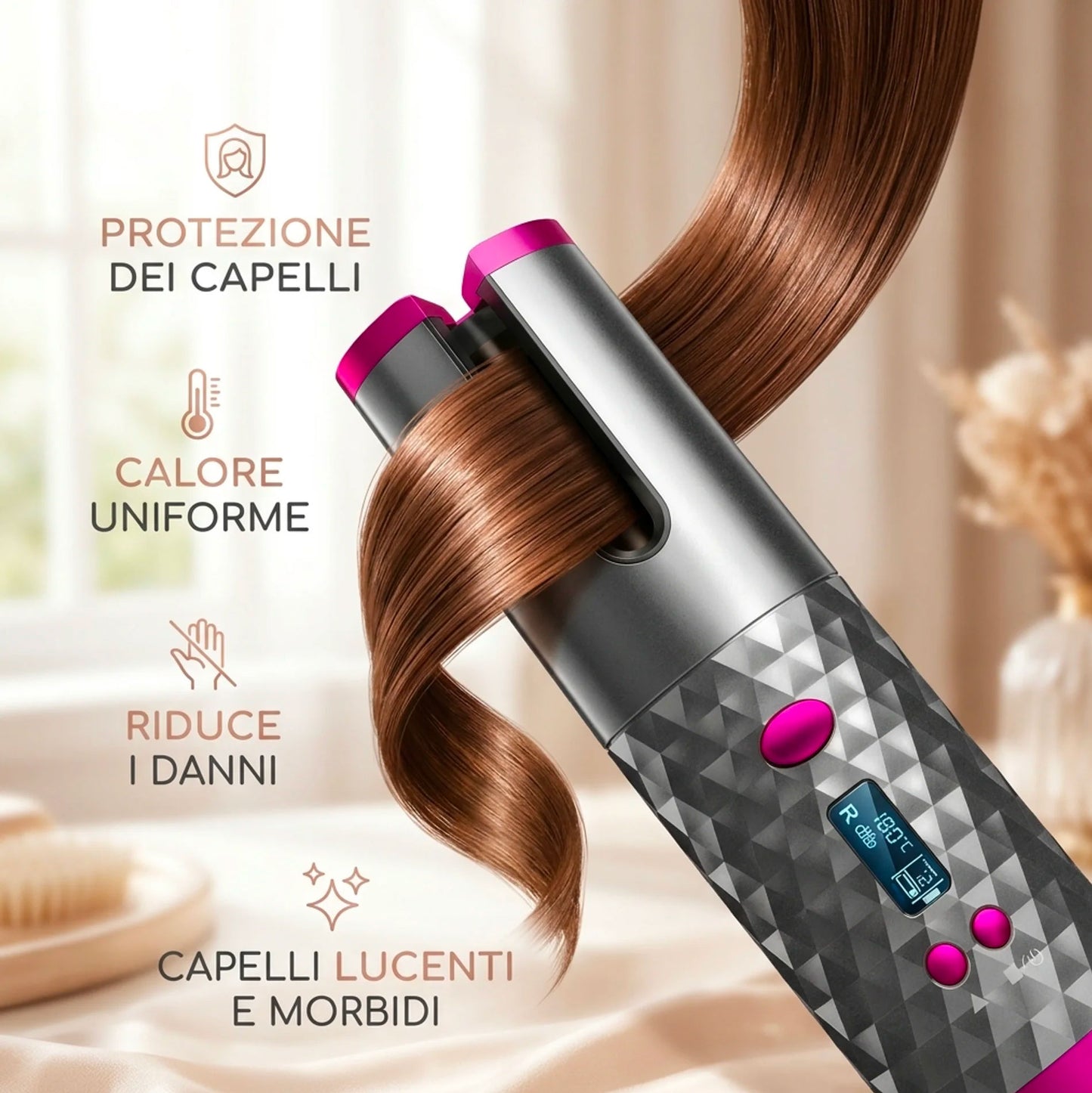 Arricciacapelli Automatico Professionale con Display Digitale Curling Automatico per Onde e Ricci Perfetti Piastra Arricciacapelli Facile e Veloce