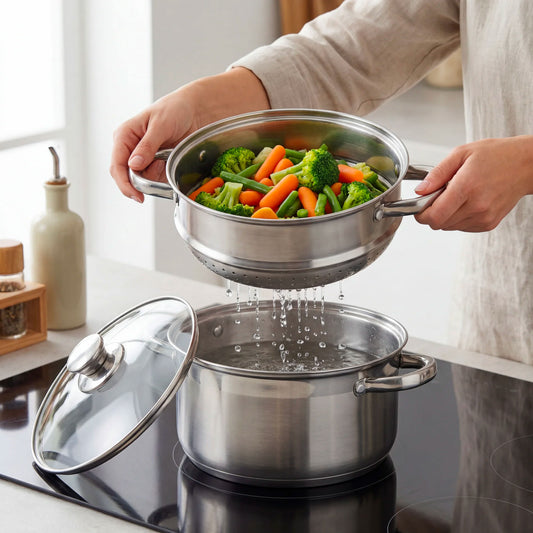 Pentola con Scolapasta Integrato e Coperchio 22 cm 6L Acciaio Inox 18/10 | Adatta Induzione | Pentola per Verdure Pasta e Cottura a Vapore