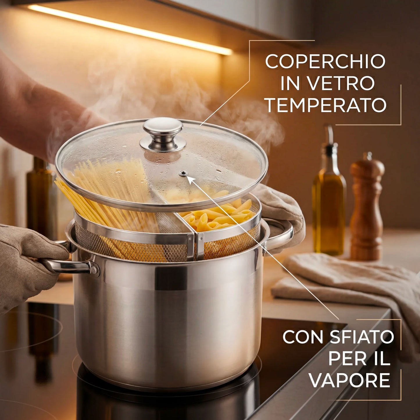 Pentola Doppio Cestello con Coperchio 6L Acciaio Inox 18/10 | Spaghettiera con 2 Cestelli | Pentola Pasta Induzione Fondo Triplo