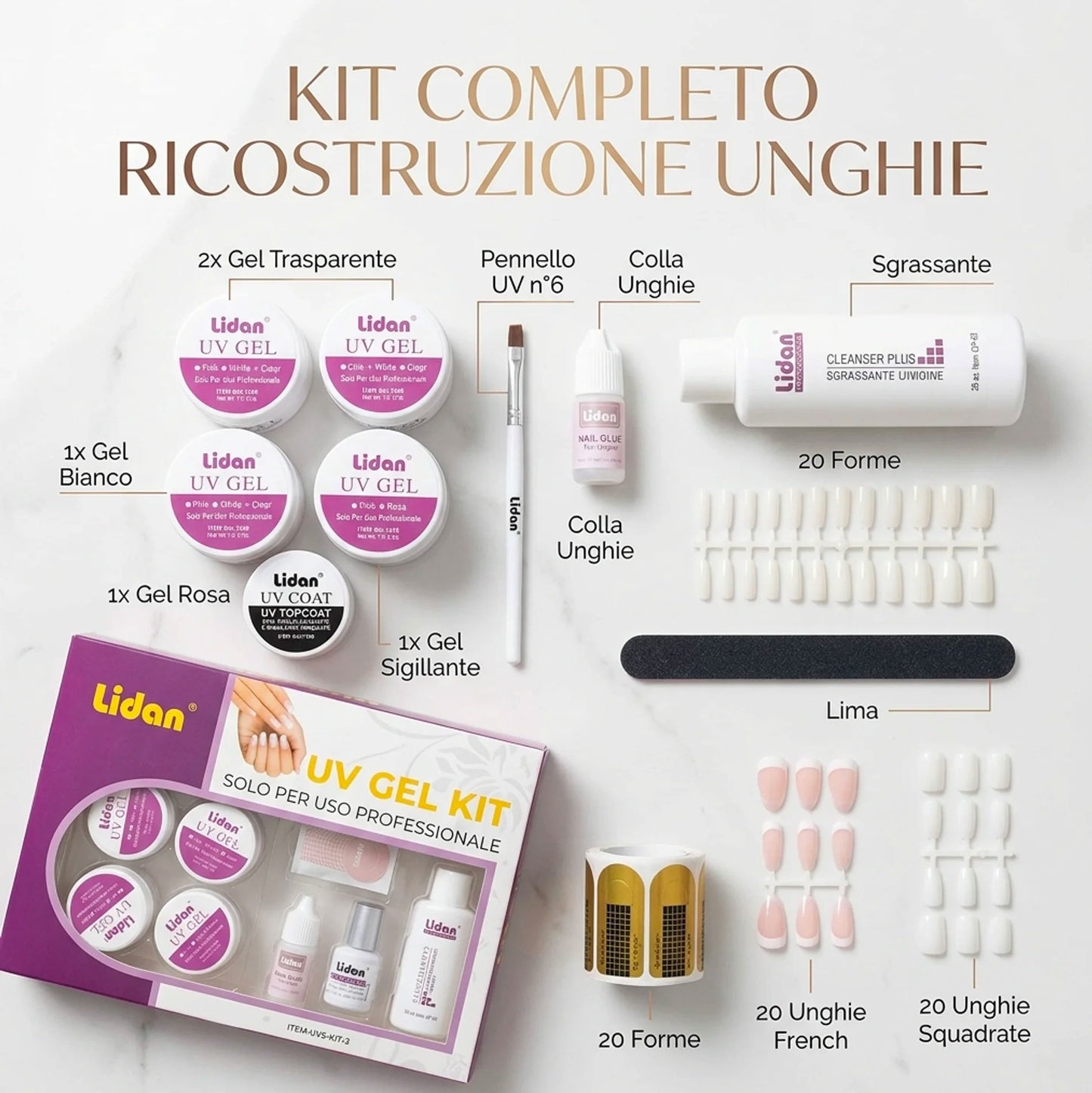 Kit Gel Unghie Completo Ricostruzione Unghie UV Set Professionale con Gel Trasparente Rosa Bianco Sigillante Accessori Nail Art Fai da Te