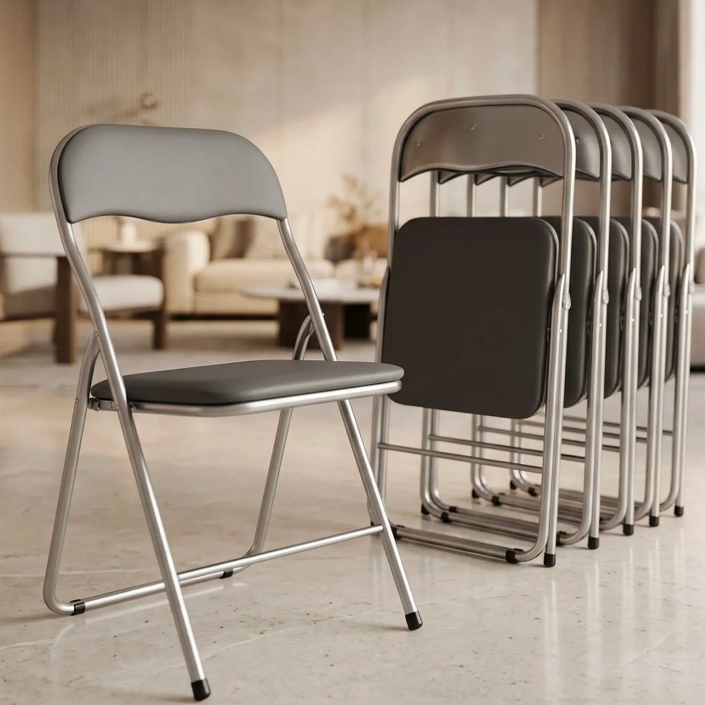 Kit 6 Sedie Pieghevoli in Metallo Argento con Cuscino PVC Grigio Scuro – Sedie Salvaspazio Resistenti per Casa Ufficio Eventi Cucina Sala Riunioni
