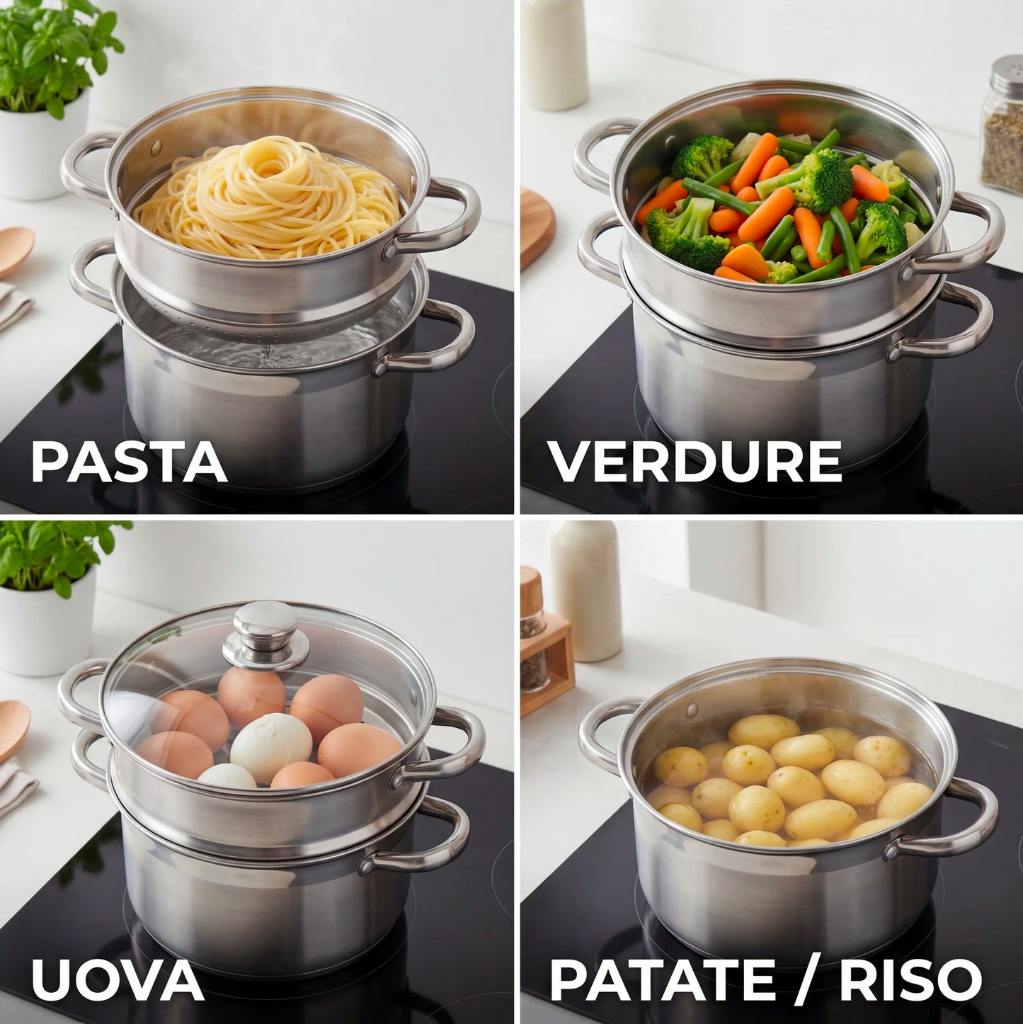 Pentola con Scolapasta Integrato e Coperchio 22 cm 6L Acciaio Inox 18/10 | Adatta Induzione | Pentola per Verdure Pasta e Cottura a Vapore