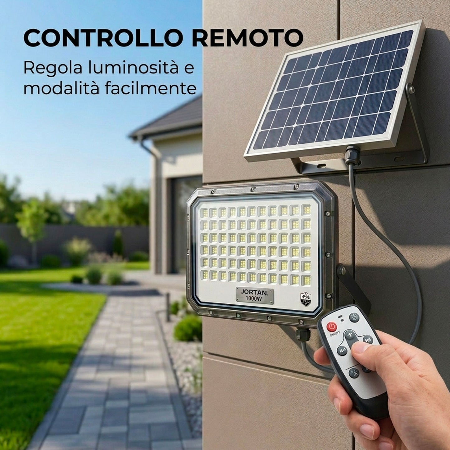 Faro Solare LED 1000W da Esterno con Pannello Fotovoltaico IP66 e Telecomando – Faretto Crepuscolare Automatico Alta Potenza per Giardino, Cortile, Parcheggio e Ingressi