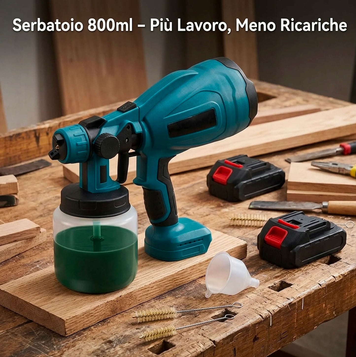 Verniciatrice Elettrica Wireless 48V 550W Professionale con Doppia Batteria – Pistola a Spruzzo per Vernice, Smalti e Protettivi con Serbatoio 800ml e Ugelli Intercambiabili