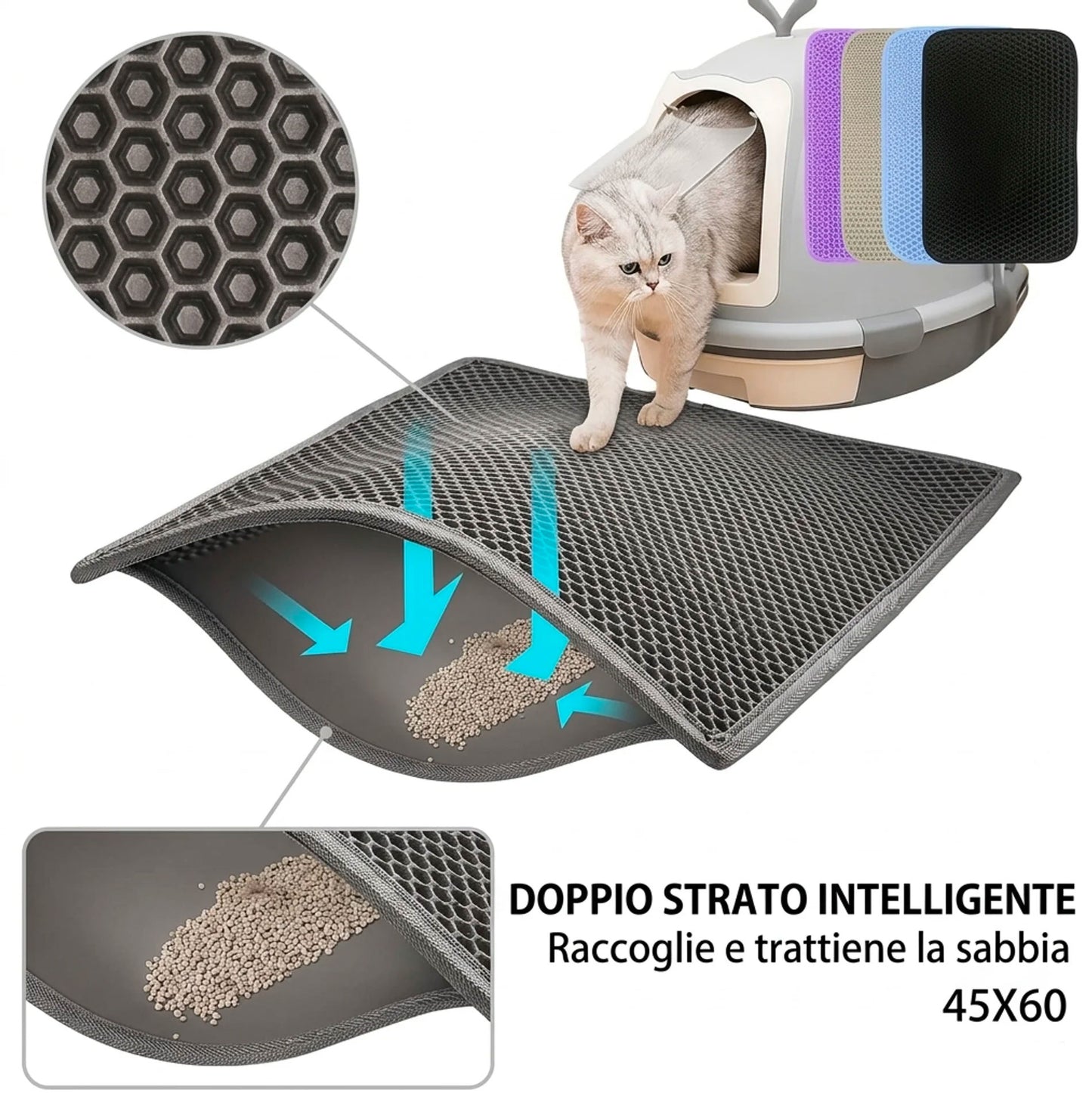 Tappetino Lettiera Gatto 45x60 cm Doppio Strato EVA – Tappeto Raccogli Sabbia Impermeabile Antiscivolo per Gatti
