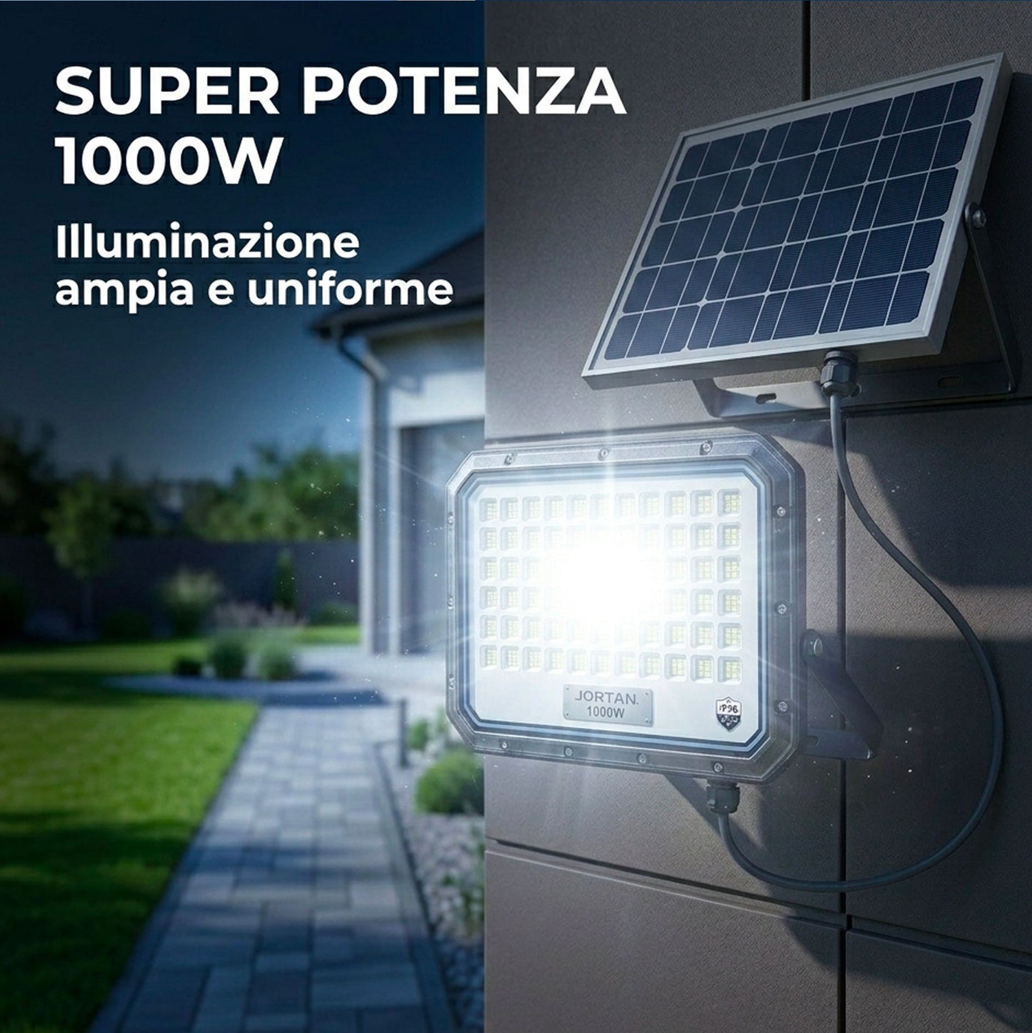 Faro Solare LED 1000W da Esterno con Pannello Fotovoltaico IP66 e Telecomando – Faretto Crepuscolare Automatico Alta Potenza per Giardino, Cortile, Parcheggio e Ingressi