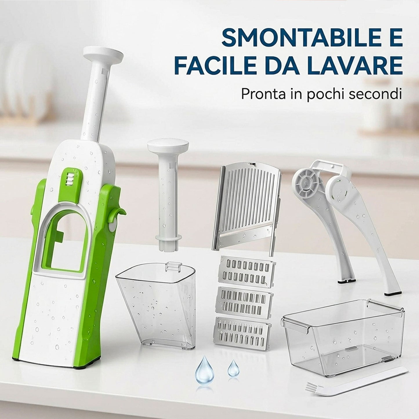 Mandolina da Cucina Multifunzione 12 in 1 con Contenitore – Affettatrice Manuale Verdure Frutta Professionale con Lame in Acciaio Regolabili per Julienne, Chips, Insalate e Patatine