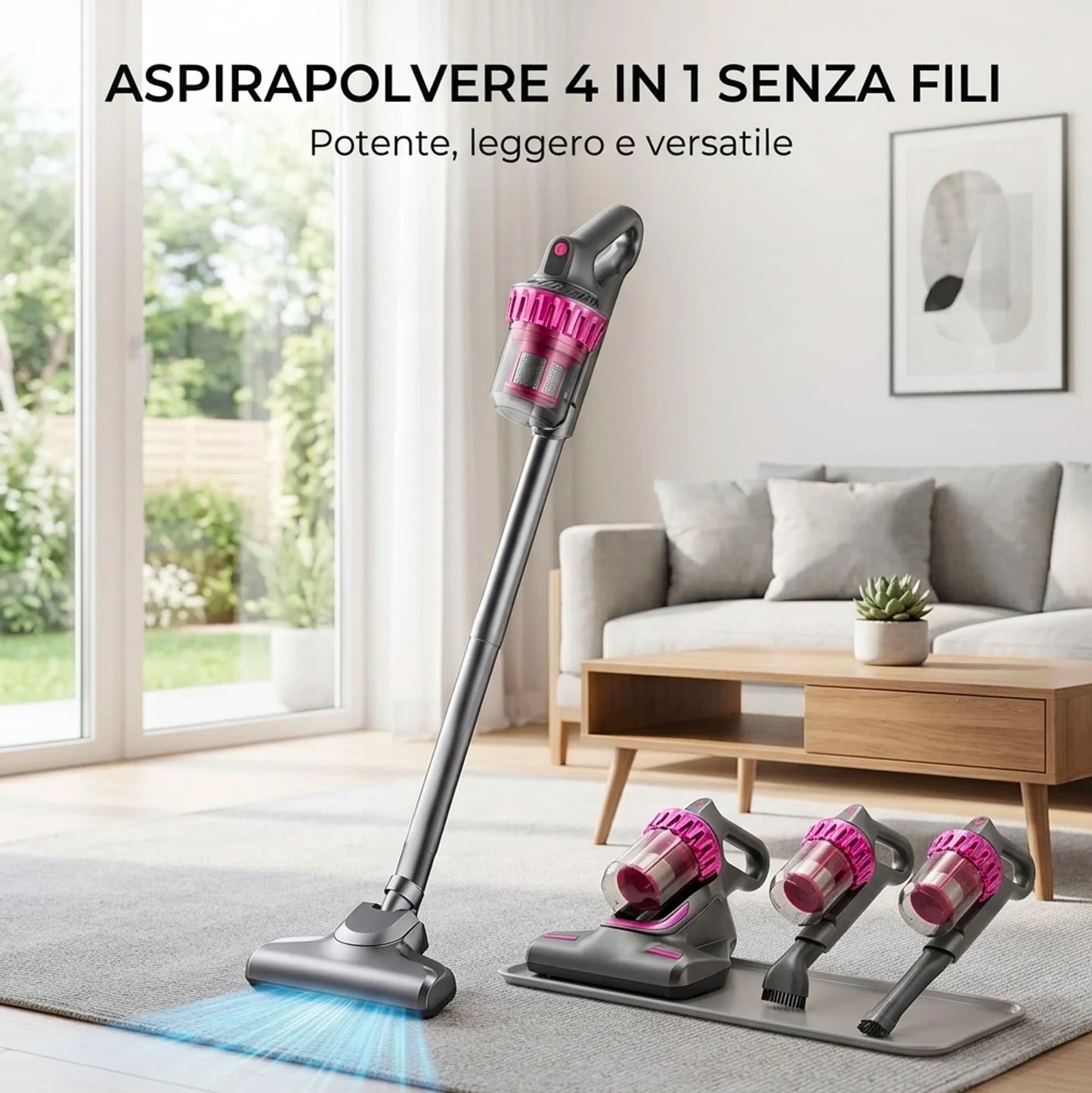 Aspirapolvere Senza Fili 4 in 1 100W con Luce UV-C – Aspirazione 10000Pa, 3 Velocità, Filtro HEPA, Autonomia 45 Minuti