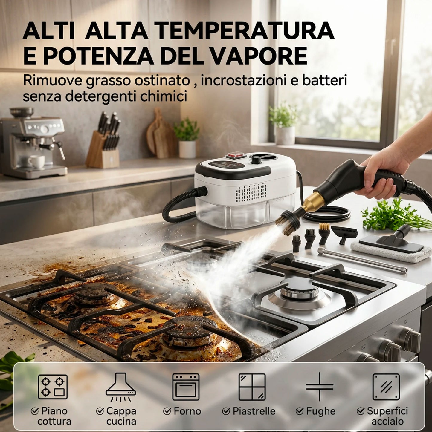 Pulitore a Vapore 2500W Alta Pressione con 6 Livelli Regolabili – Serbatoio XL 1200ml e Kit Accessori Multifunzione per Pulizia Casa, Cucina, Bagno, Divani e Auto