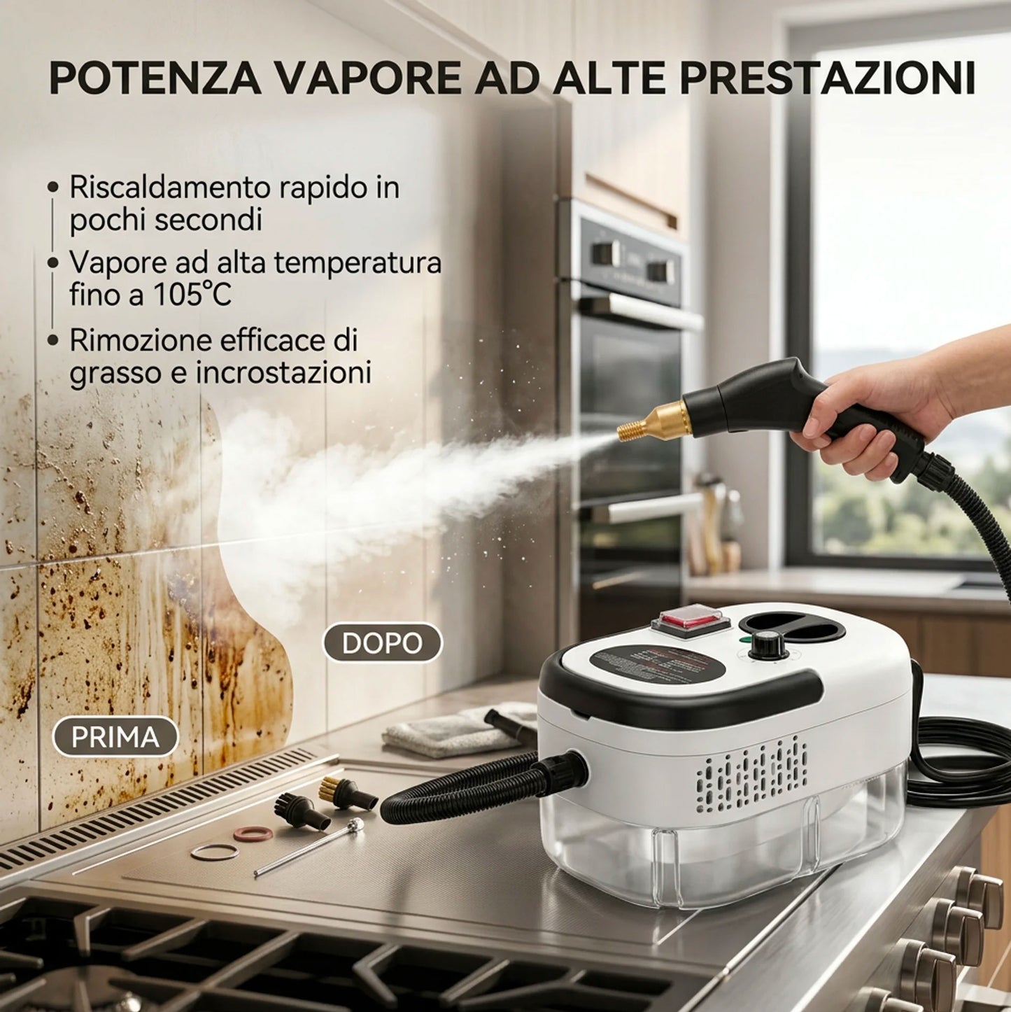 Pulitore a Vapore 2500W Alta Pressione con 6 Livelli Regolabili – Serbatoio XL 1200ml e Kit Accessori Multifunzione per Pulizia Casa, Cucina, Bagno, Divani e Auto
