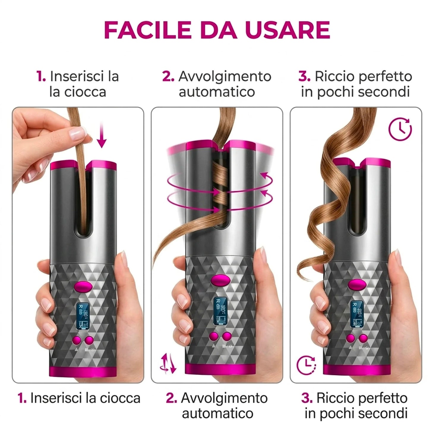 Arricciacapelli Automatico Professionale con Display Digitale Curling Automatico per Onde e Ricci Perfetti Piastra Arricciacapelli Facile e Veloce