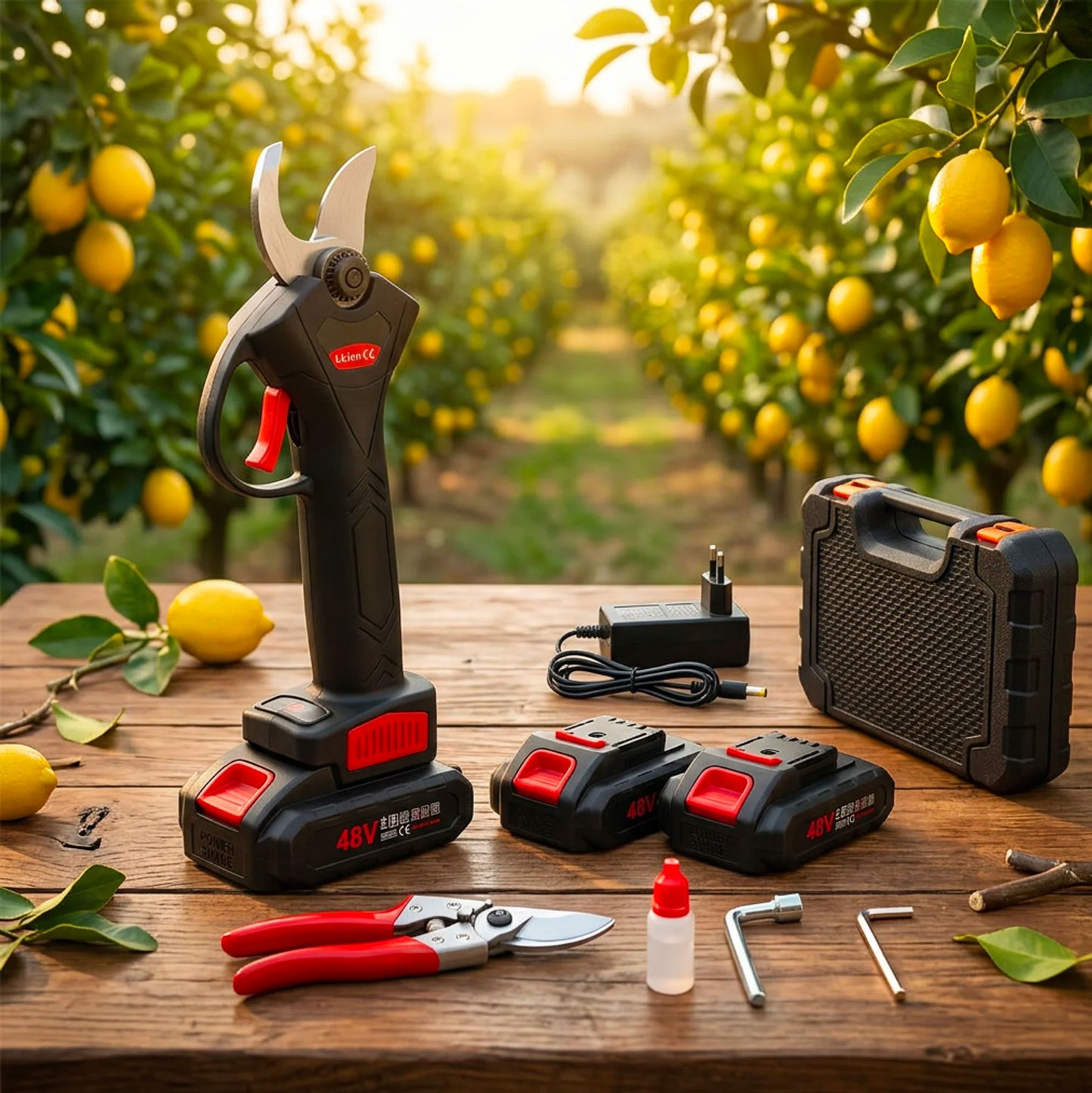 Forbici da Potatura Elettriche 48V con 2 Batterie e Forbice Manuale, Valigetta e Accessori Inclusi