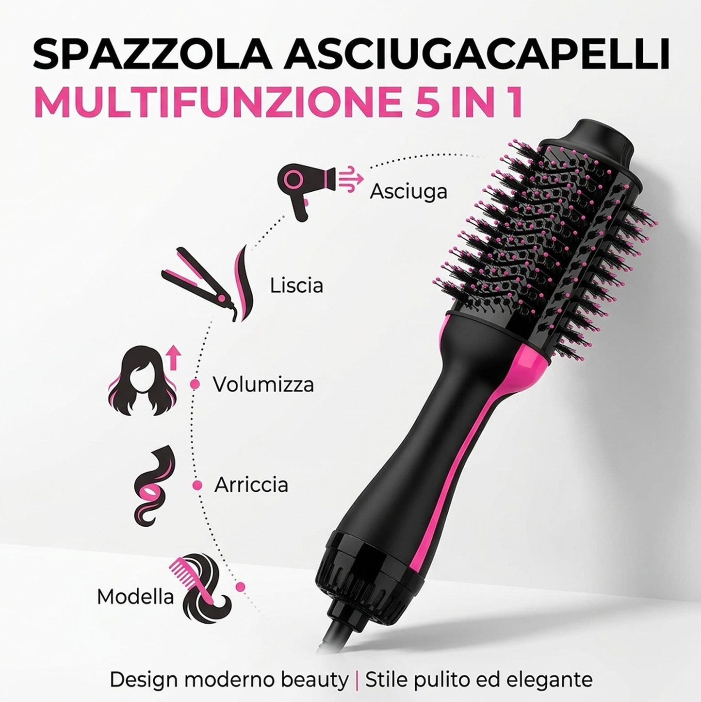 Spazzola Asciugacapelli Volumizzante 1000W Multifunzione 5 in 1 | Piastra Spazzola Elettrica Arricciacapelli Lisciante Professionale con 3 Velocità