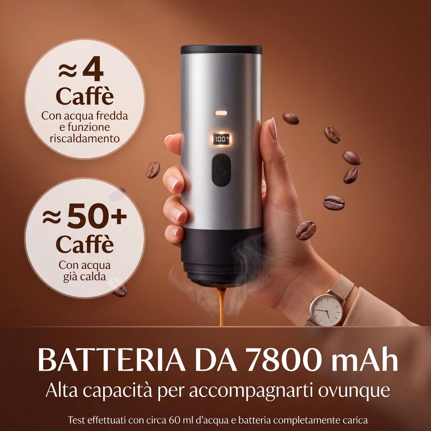 Macchina da Caffè Portatile 2-in-1, Macchina per Caffè Espresso Portatile con Display LED e Serbatoio 90 ml, Compatibile con Caffè Macinato e Capsule