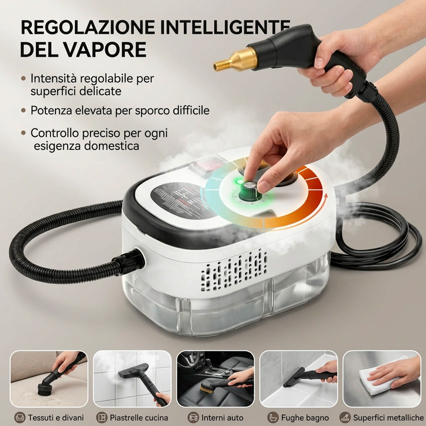 Pulitore a Vapore 2500W Alta Pressione con 6 Livelli Regolabili – Serbatoio XL 1200ml e Kit Accessori Multifunzione per Pulizia Casa, Cucina, Bagno, Divani e Auto