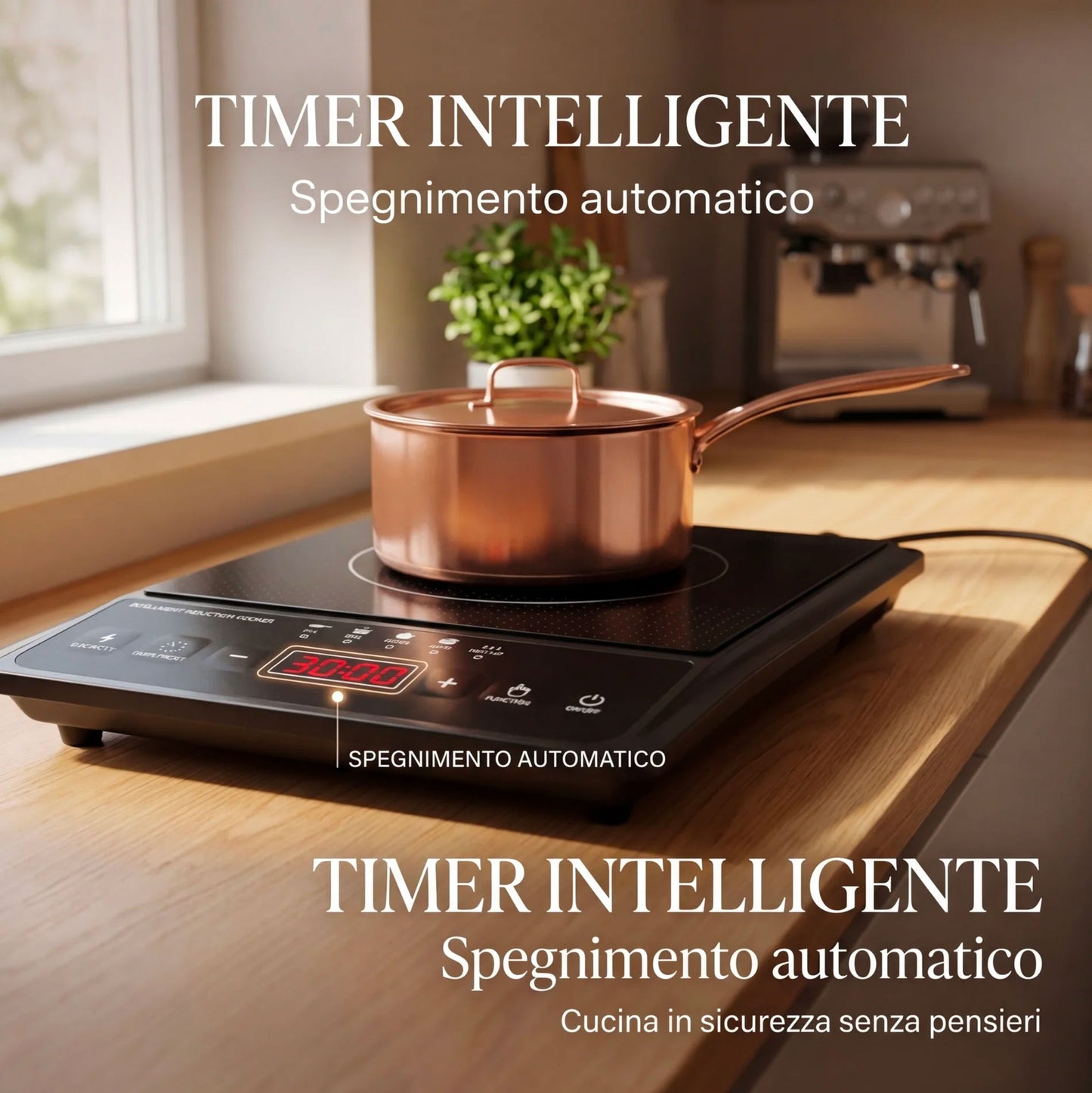 Piastra a Induzione Portatile 2500W con Display Digitale, Controllo Temperatura 80–270°C, 5 Programmi di Cottura e Timer Integrato