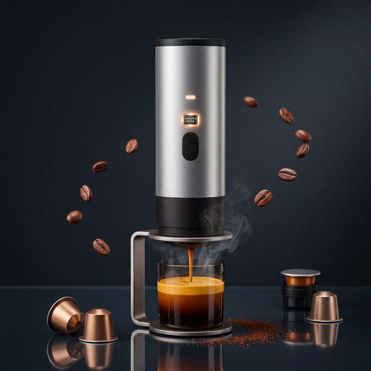 Macchina da Caffè Portatile 2-in-1, Macchina per Caffè Espresso Portatile con Display LED e Serbatoio 90 ml, Compatibile con Caffè Macinato e Capsule