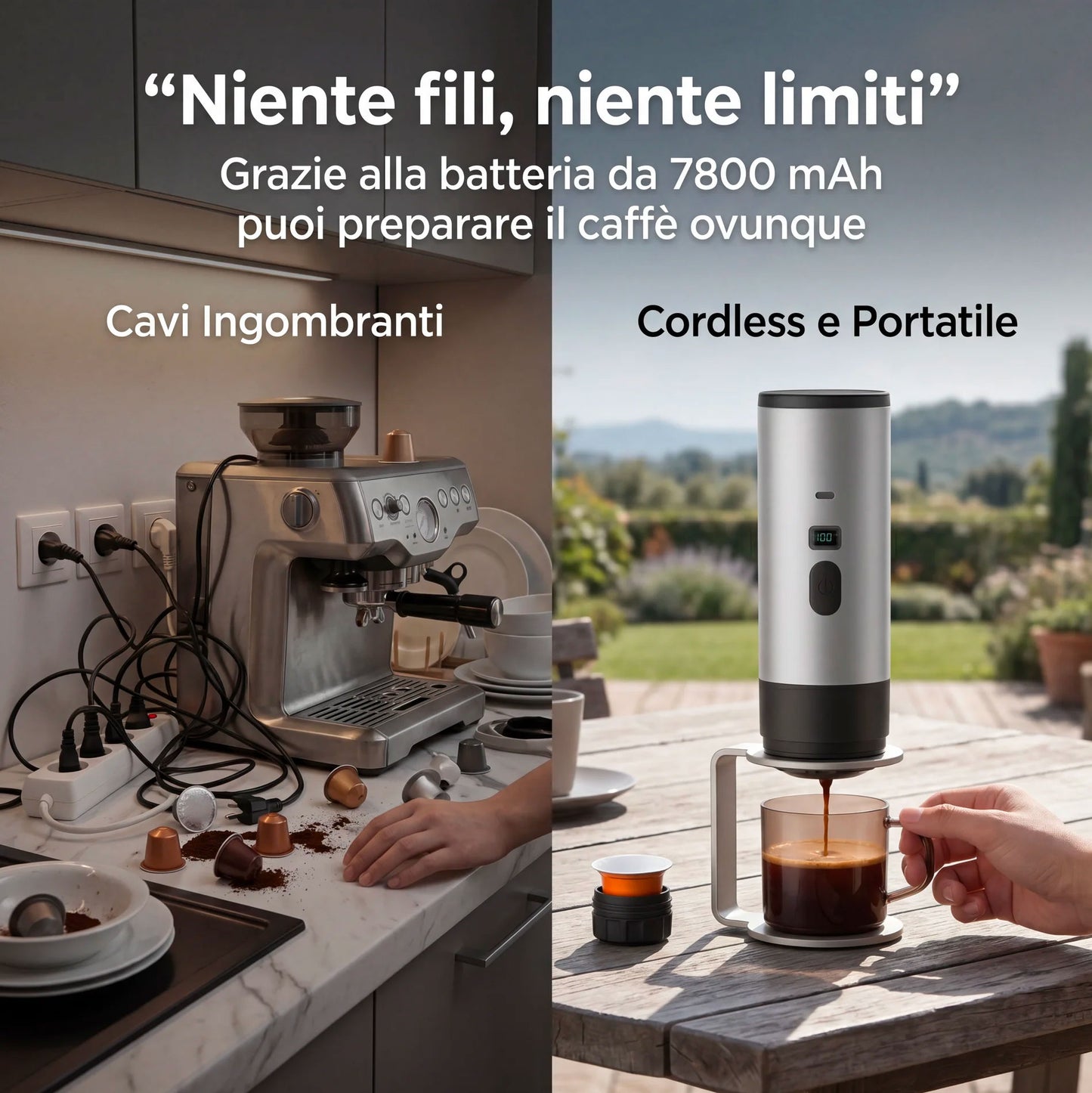 Macchina da Caffè Portatile 2-in-1, Macchina per Caffè Espresso Portatile con Display LED e Serbatoio 90 ml, Compatibile con Caffè Macinato e Capsule