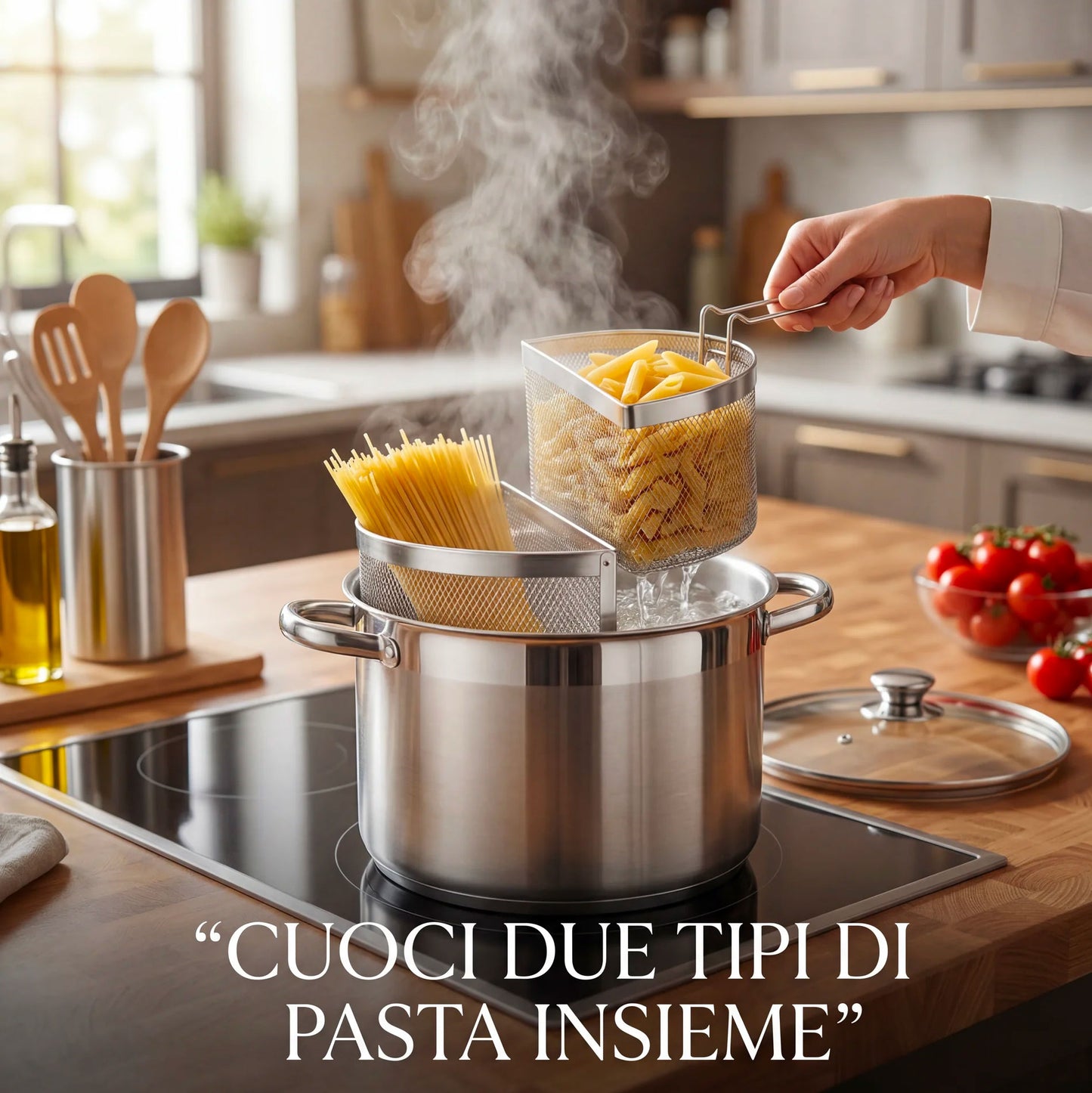 Pentola Doppio Cestello con Coperchio 6L Acciaio Inox 18/10 | Spaghettiera con 2 Cestelli | Pentola Pasta Induzione Fondo Triplo