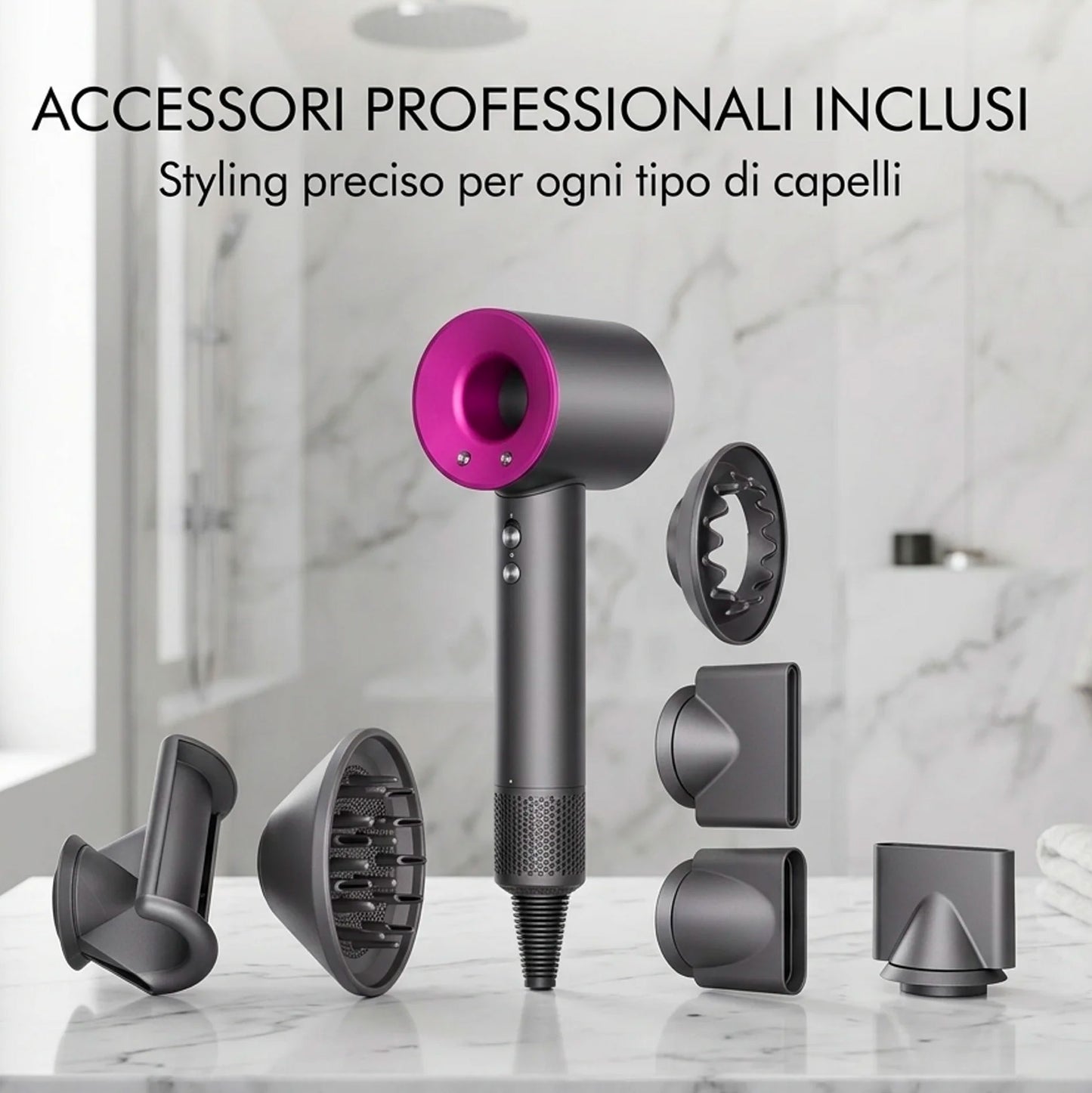 Asciugacapelli Professionale ad Alta Velocità con Accessori – Phon Ionico Potente Anti Crespo con Diffusore e Concentratore