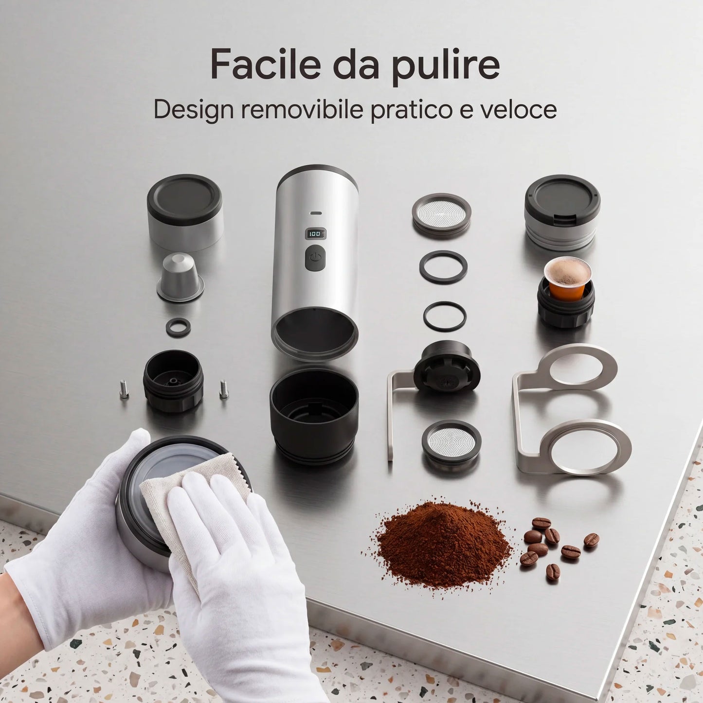 Macchina da Caffè Portatile 2-in-1, Macchina per Caffè Espresso Portatile con Display LED e Serbatoio 90 ml, Compatibile con Caffè Macinato e Capsule