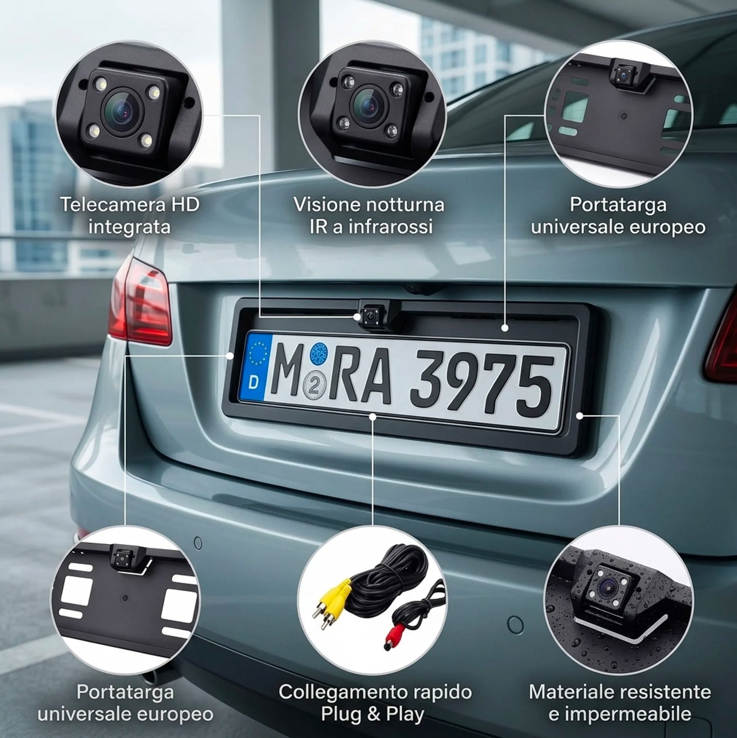 Portatarga con Telecamera Retromarcia HD Grandangolare IP68 – Retrocamera Auto Notturna 12V Universale con LED IR / SMD