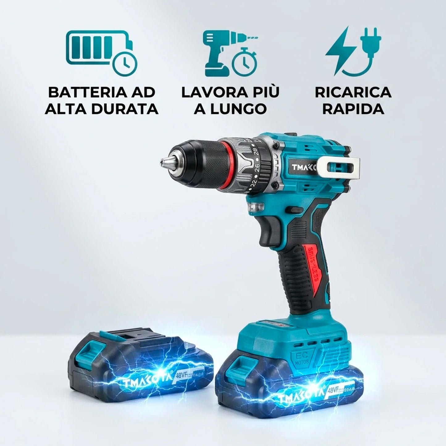 Trapano Avvitatore Cordless 48V Professionale con Kit Accessori Completo, 2 Batterie, Motore Brushless, Regolazione Coppia, Trapano Avvitatore a Batteria per Casa e Fai da Te