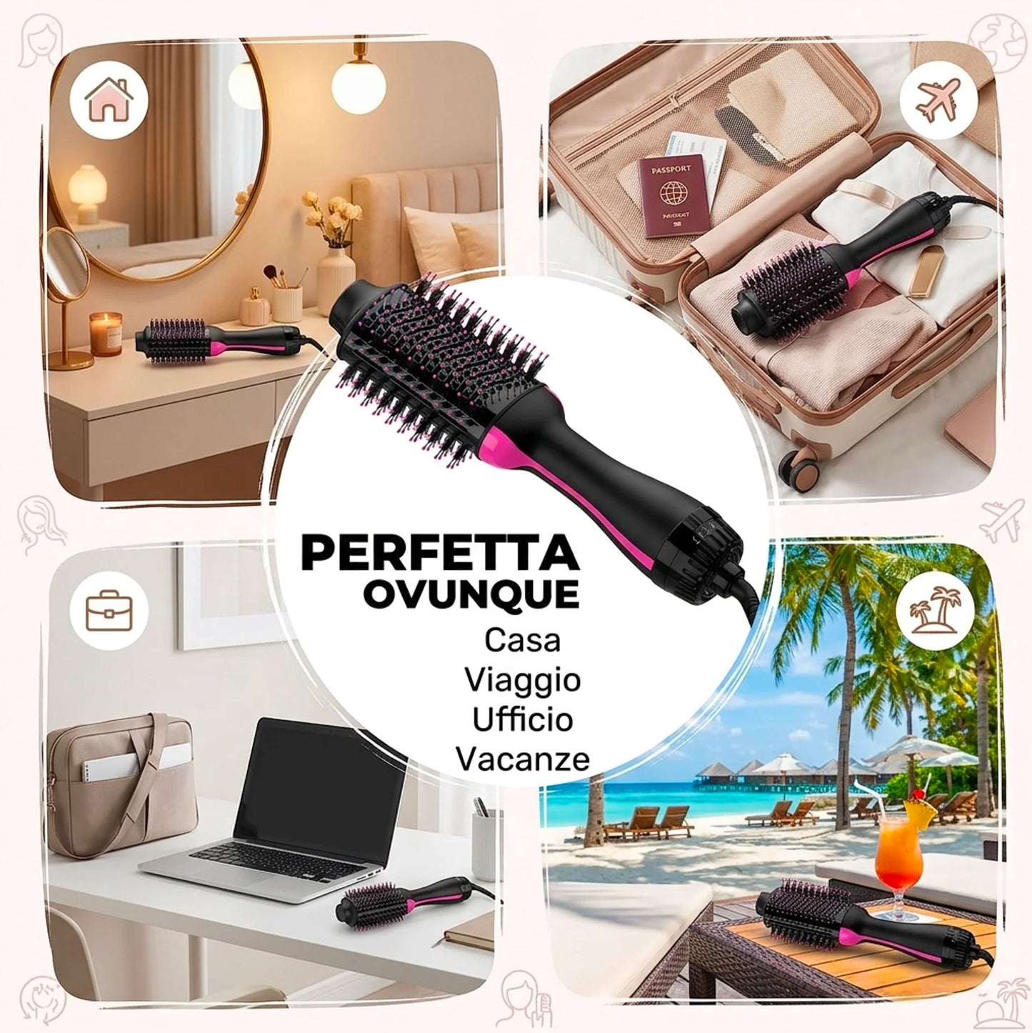 Spazzola Asciugacapelli Volumizzante 1000W Multifunzione 5 in 1 | Piastra Spazzola Elettrica Arricciacapelli Lisciante Professionale con 3 Velocità