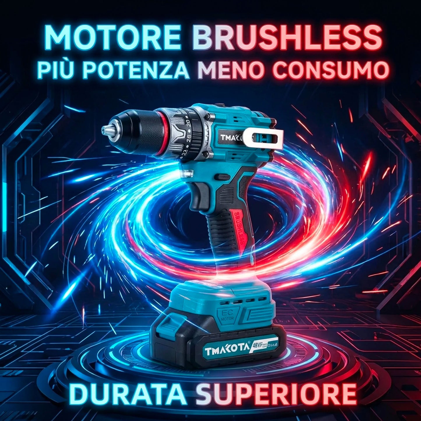 Trapano Avvitatore Cordless 48V Professionale con Kit Accessori Completo, 2 Batterie, Motore Brushless, Regolazione Coppia, Trapano Avvitatore a Batteria per Casa e Fai da Te