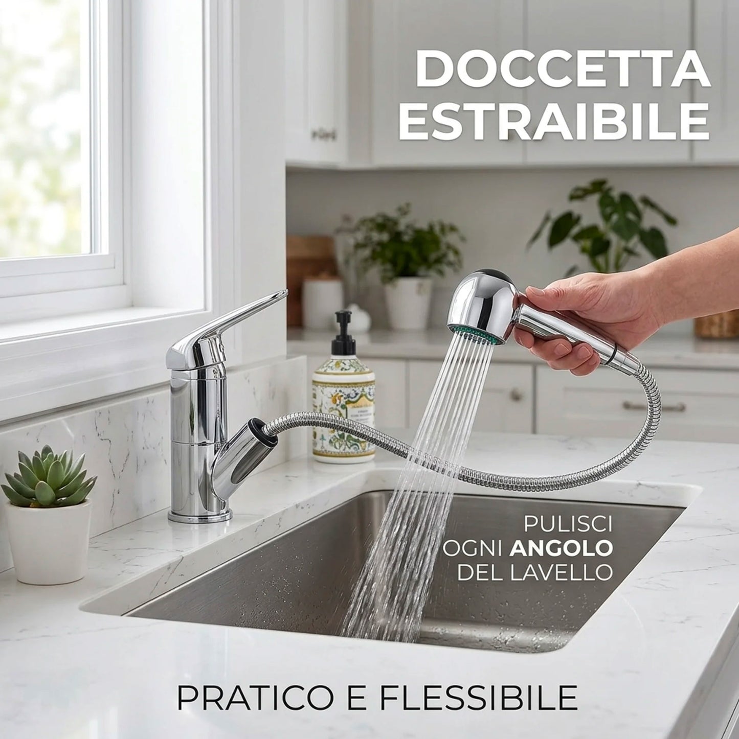 Rubinetto Cucina con Doccetta Estraibile 360° Cromato Miscelatore Monocomando Lavello con Doppio Getto e Acqua Calda Fredda