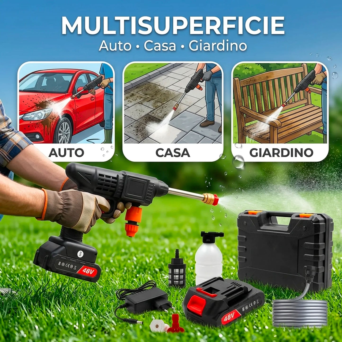 Idropulitrice a Batteria 48V con 2 Batterie 8000mAh, Tubo 3 Metri e Valigetta Inclusa
