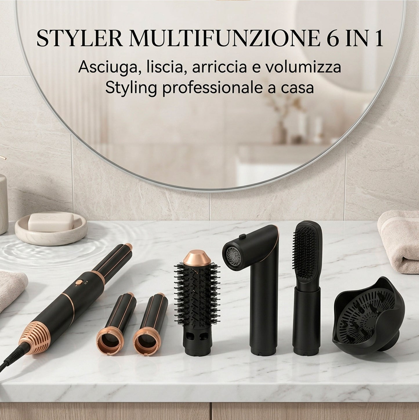 Asciugacapelli 6 in 1 Professionale con Accessori Intercambiabili – Spazzola Aria Calda, Ferro Arricciacapelli, Diffusore, Tecnologia Ionica