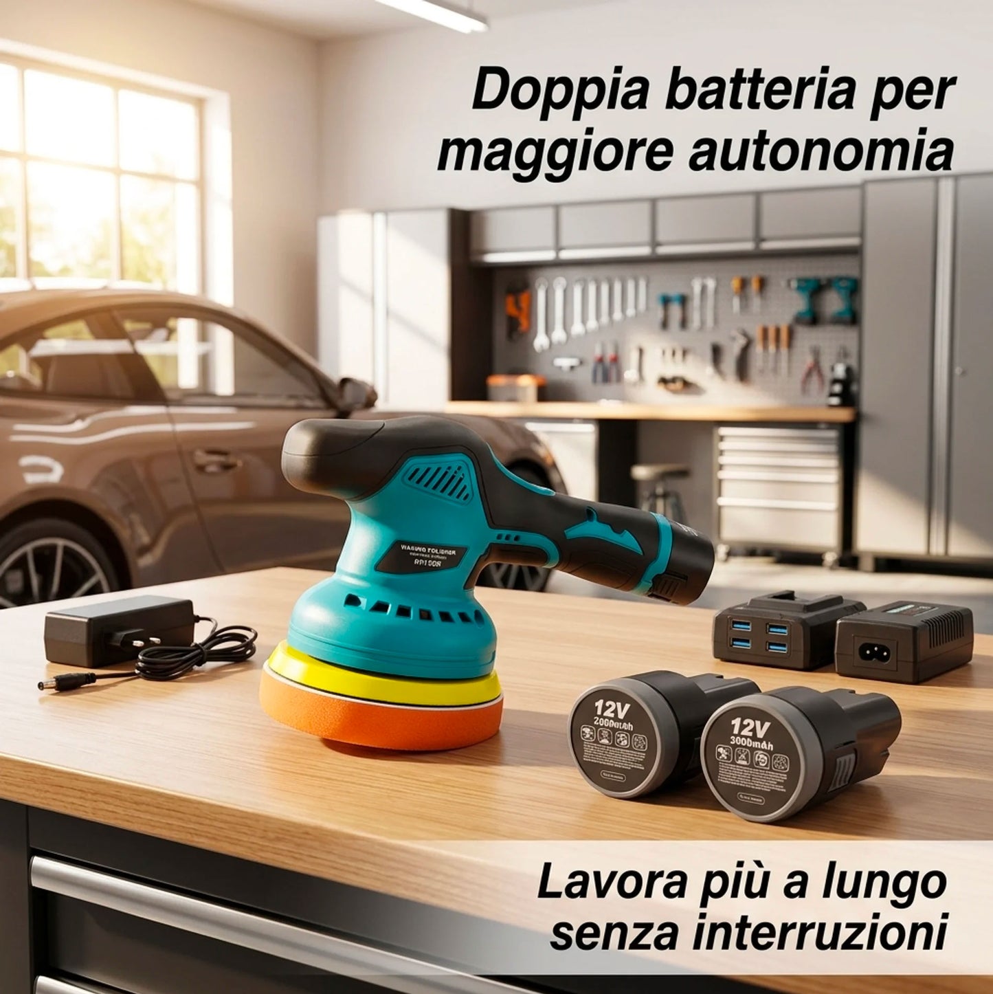 Lucidatrice Auto Senza Filo con 2 Batterie 8 Velocità | Levigatrice Rotorbitale 125mm Professionale per Carrozzeria Legno Metallo